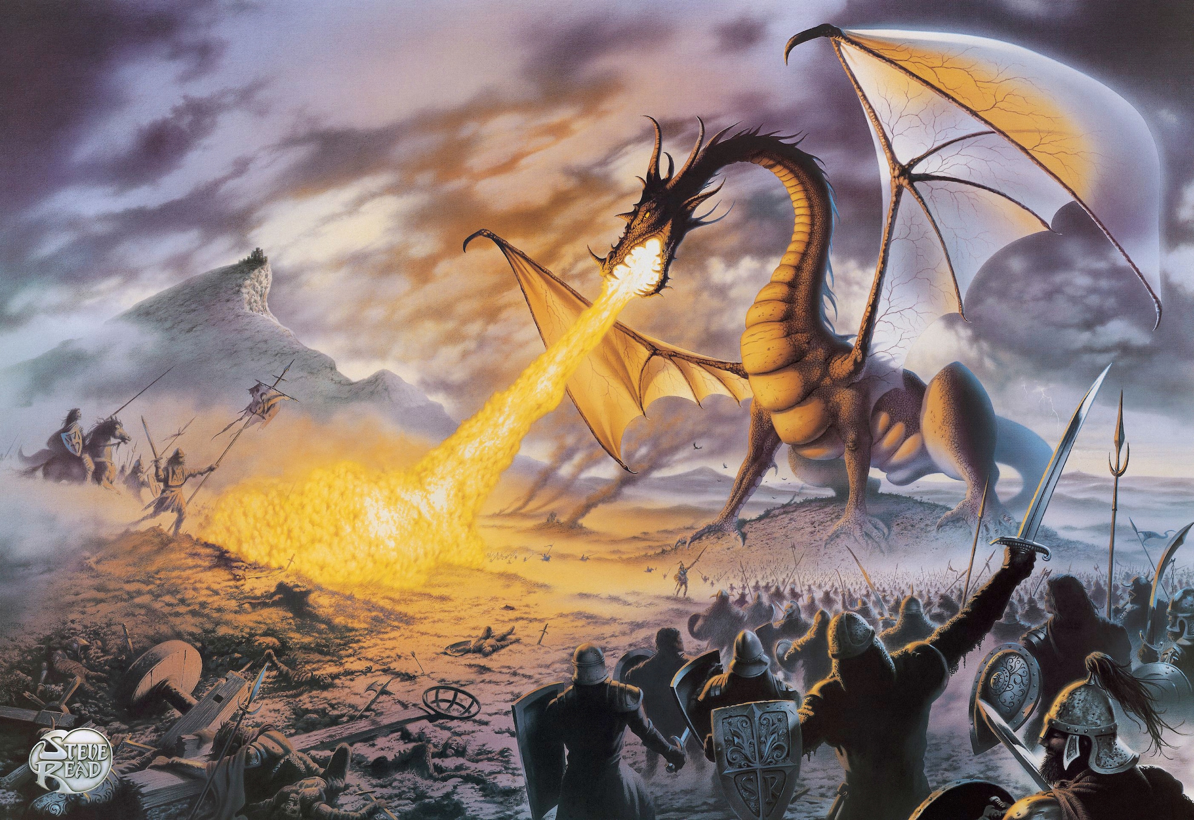 Fototapete PAPERMOON "DRACHE und RITTER, FANTASIE", bunt, B:4,5m L:2,8m, Vlies, Tapeten - B/L: 4,5m x 2,8m, Bahnen: 9 Stk.