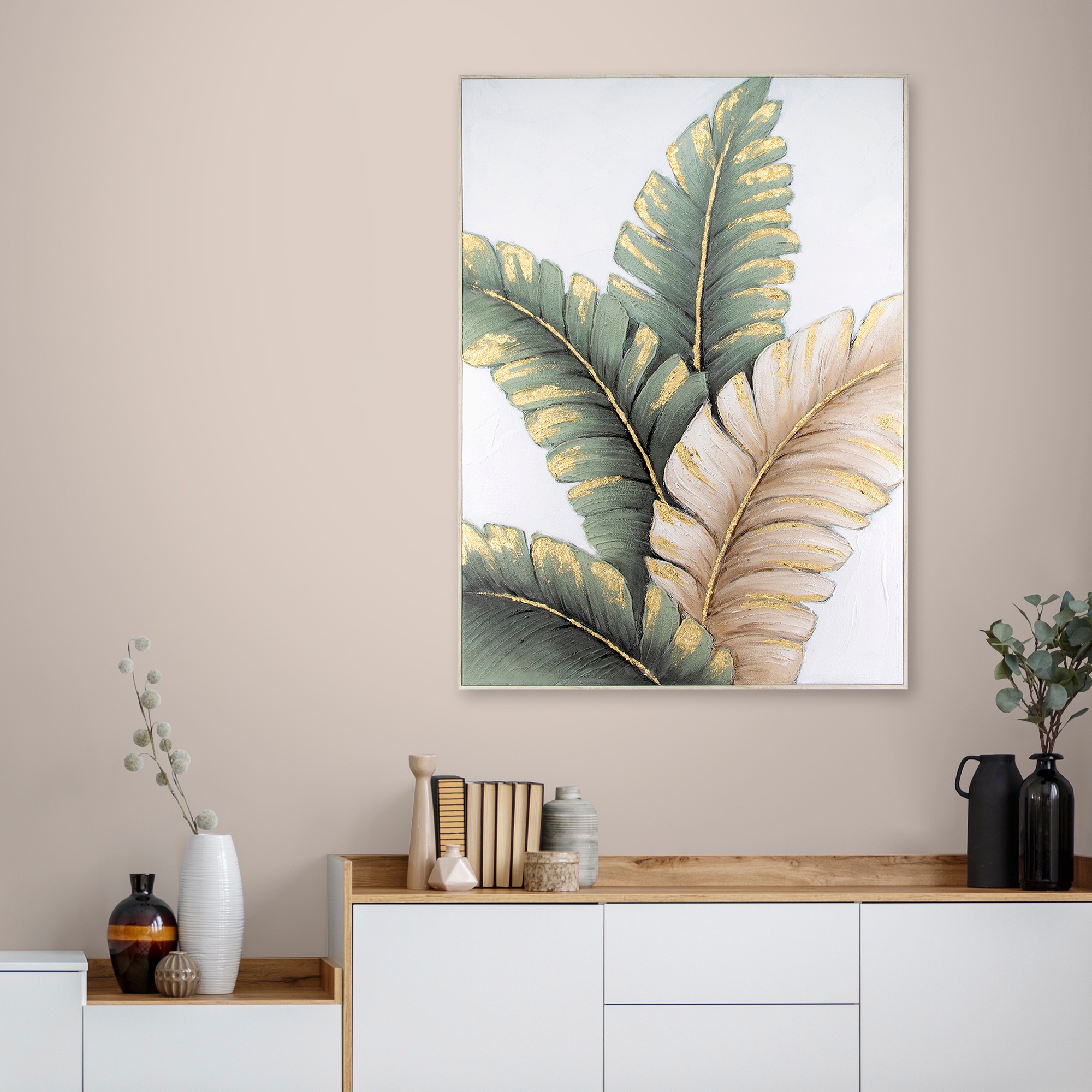Art for the home Leinwandbild »Blatter Neutral« Blätter 1 Stk. tlg. Handgemalte Leinwand mit Goldmetallic, Lush leaves neutral - 100x70cm