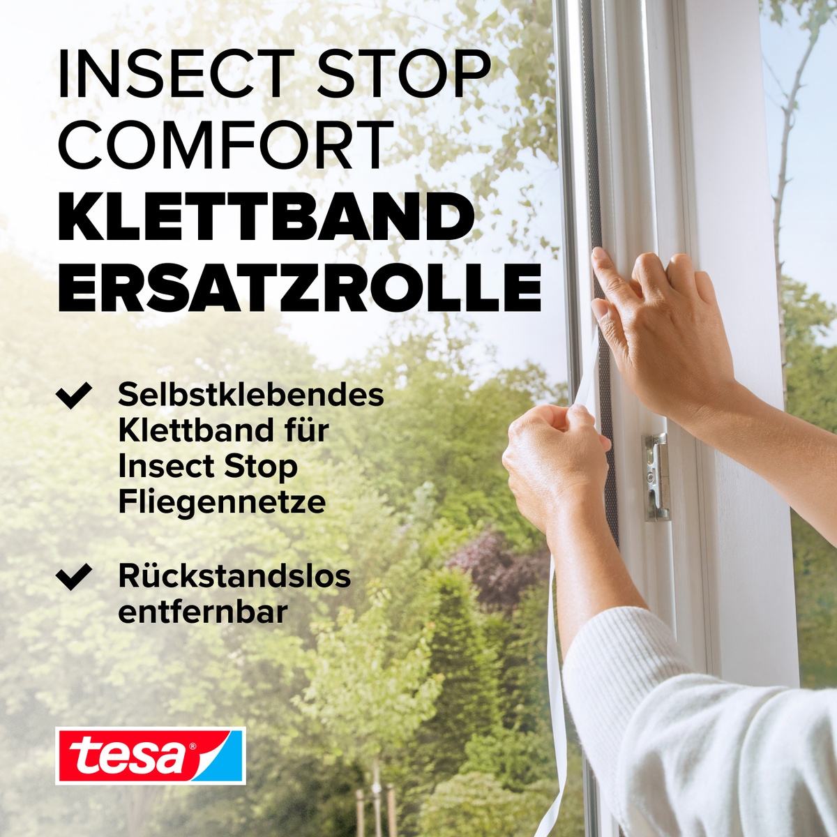 tesa Insektenschutz-Fensterrahmen »Insect Stop COMFORT selbstklebendes Klettband Ersatzrolle, 5,6m«, Klettband zur bohrfreien Fixierung am Fenster für Fliegengitter - weiß