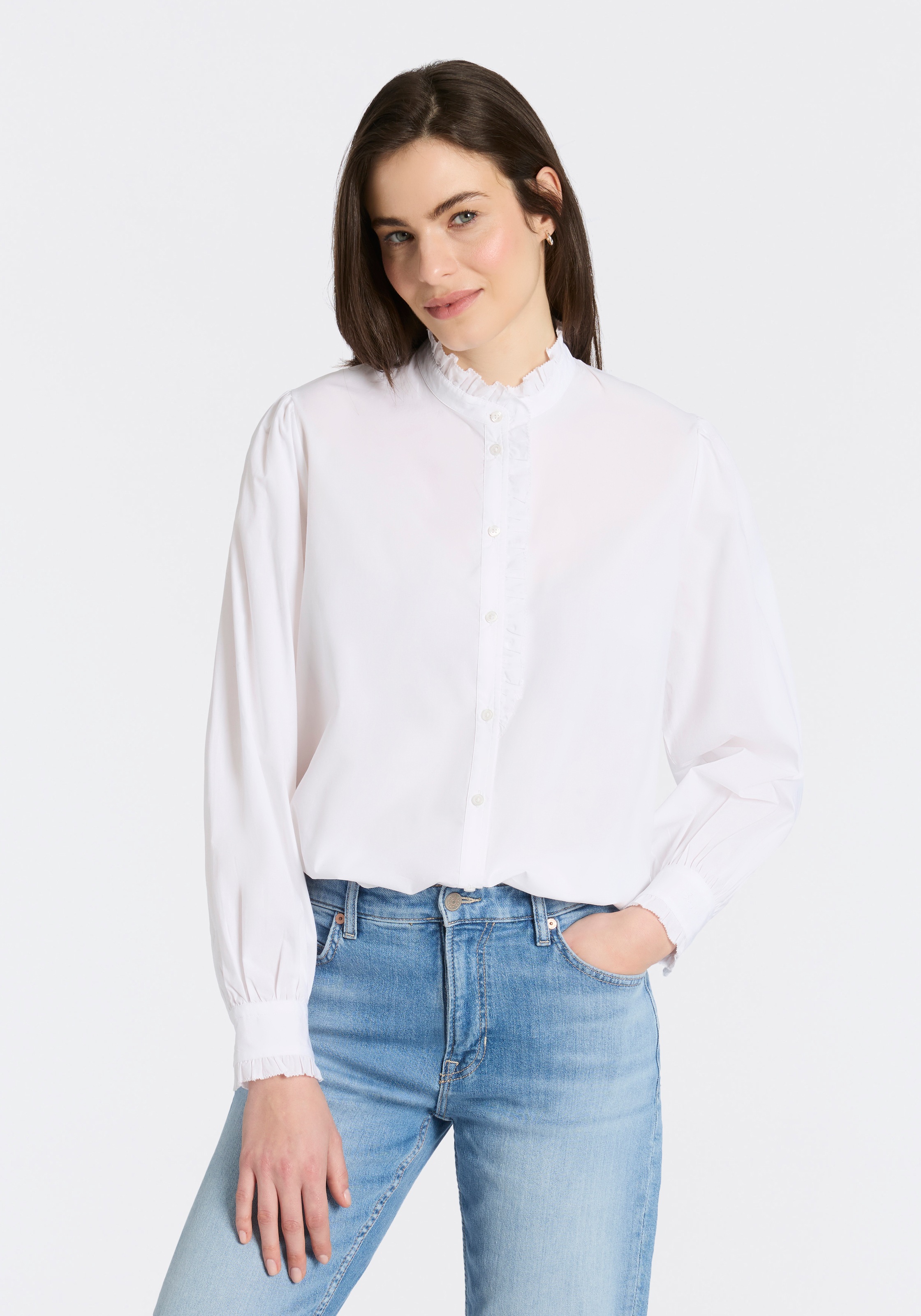 BOSS ORANGE Hemdbluse "Banny Premium Damenmode" mit Rüschen-Details, Stehkr günstig online kaufen