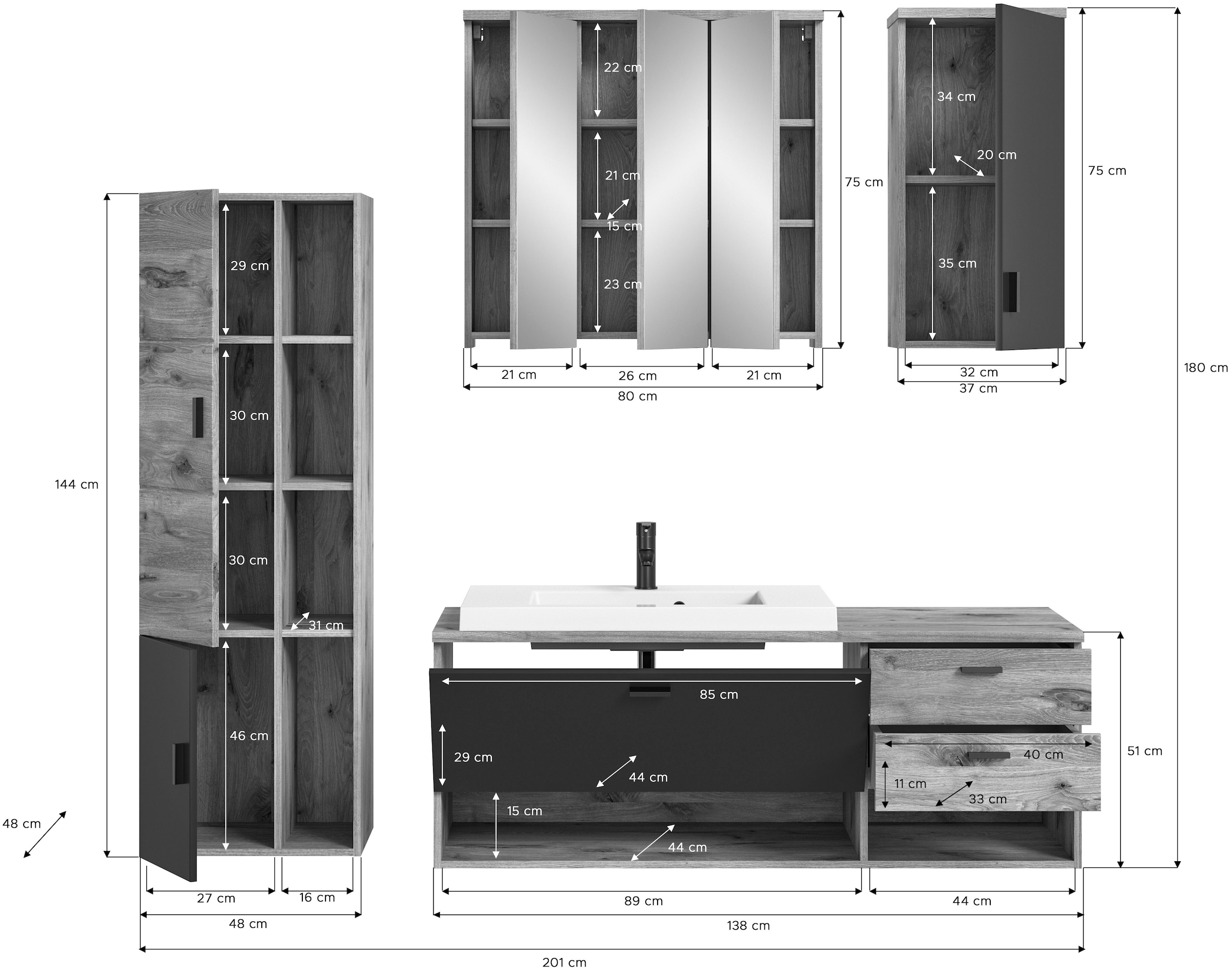 4 Badmöbel-Set BAUR welltime WBU St.), WB, inkl. (Set, | »Dolo«, Hängeschrank Spiegelschrank, Hochschrank,