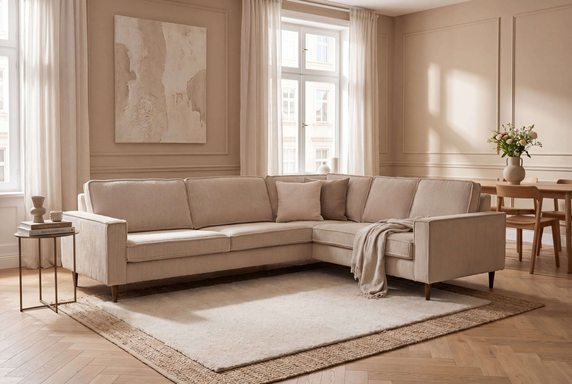 OTTO home Ecksofa "Pinto Skandi, 290 cm, Chenille, Struktur, Ottomane links / rechts" mit Keder, Massivholzfüße Eiche geräuchert, Wellenunterfederung