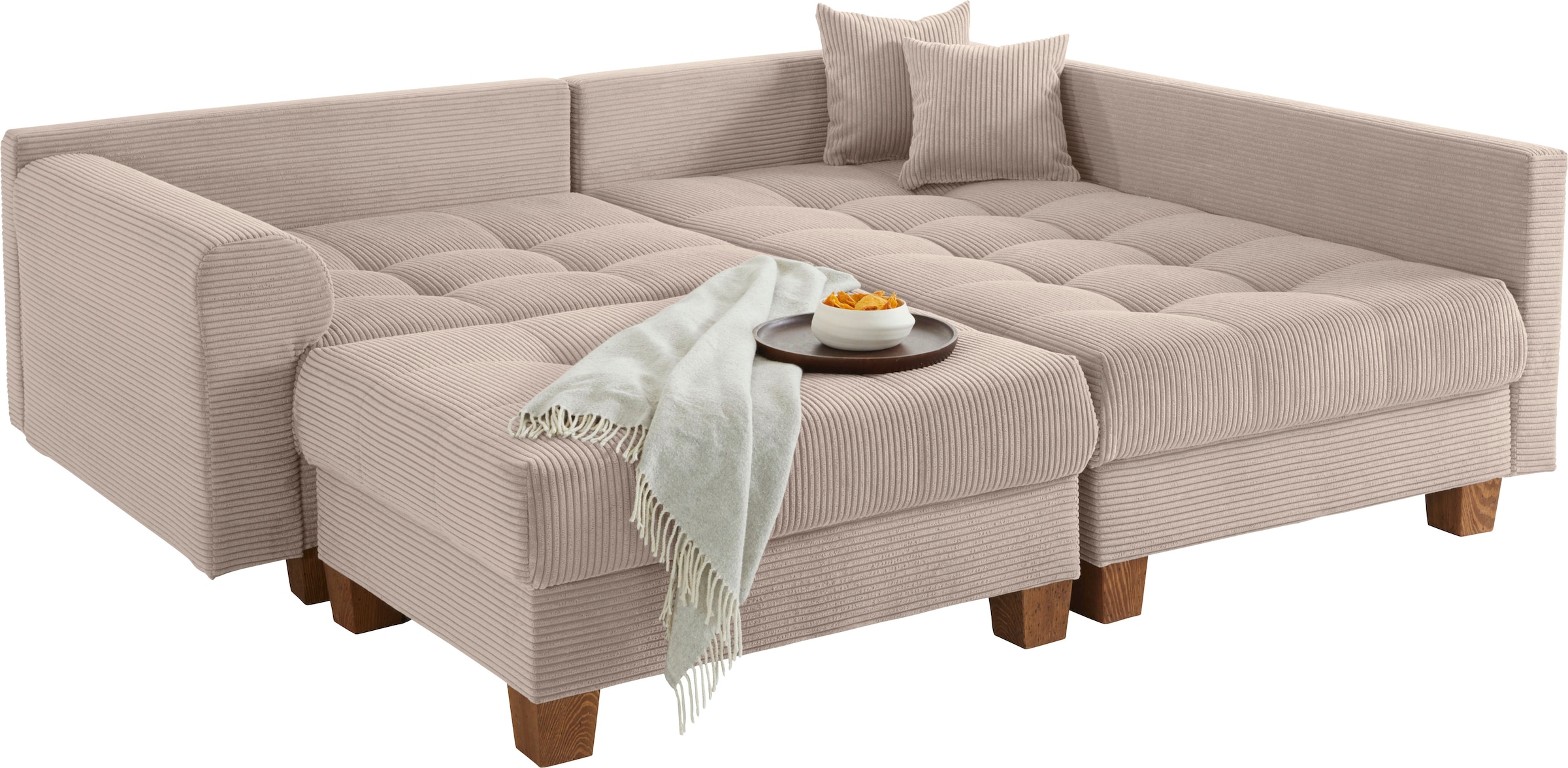 Home affaire Ecksofa »Rice L-Form inkl. Hocker«, (Set, mit Hocker), mit Bonnellfederkern, Hocker & Kissen, Ottomane beidseitig montierbar