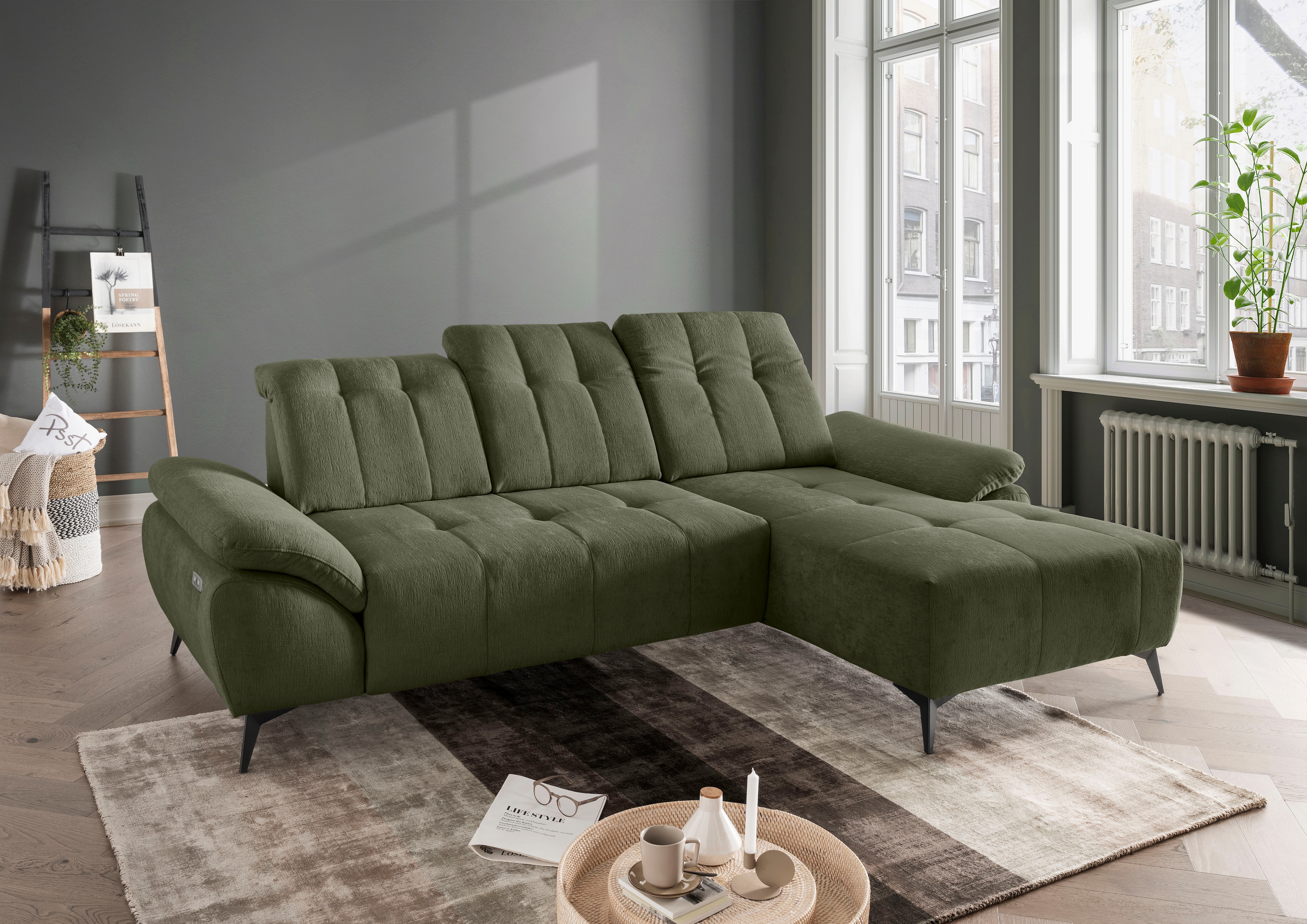 Home affaire "Fiore modern, bequeme Armlehnen, tolle Detailverarbeitung, L-Form" elektrischer Sitzvorschub und Kopfstützen höhenverstellbar