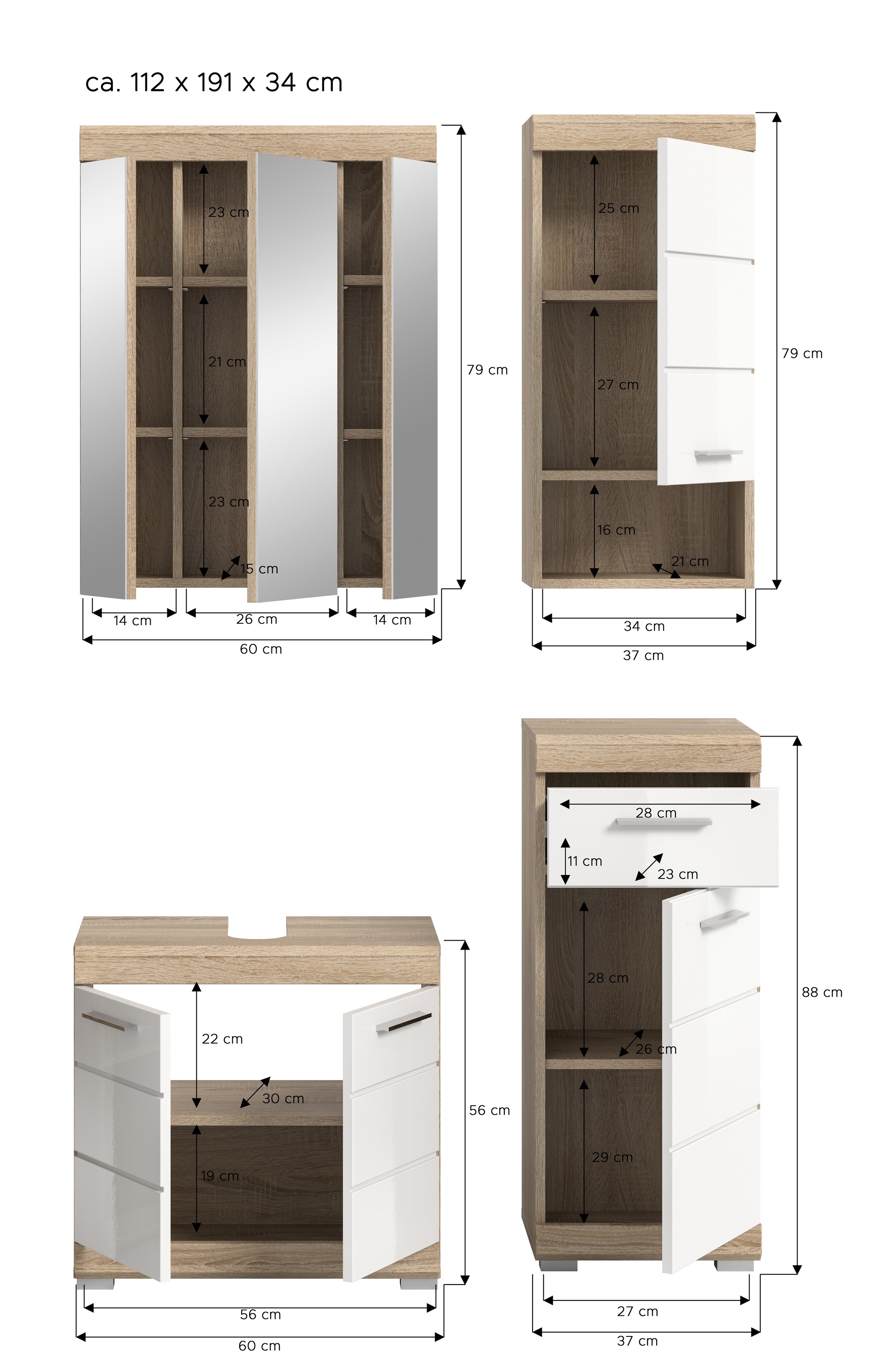 INOSIGN Badmöbel-Set »Siena, 4 teilig, bestehend aus:«, (Set, 4 St.), Waschbeckenunterschrank, Spiegelschrank, Unterschrank, Hängeschrank