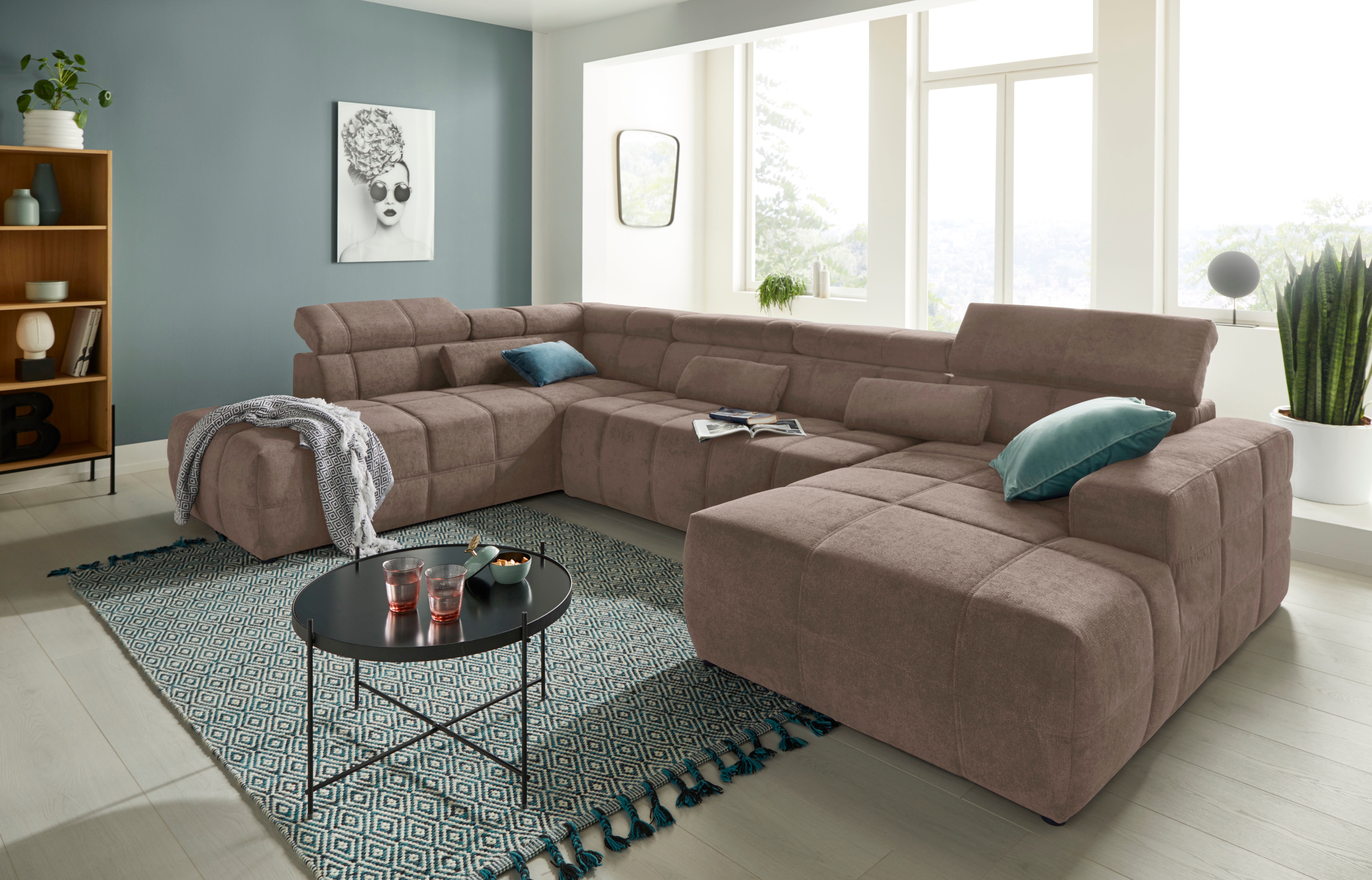 DOMO collection Wohnlandschaft "BRANDON whlw. mit Sitztiefenverstellung, whlw. Nierenkissen" mit Kopfteilverstellung, wahlweise Sitztiefenverstellung, U-Form