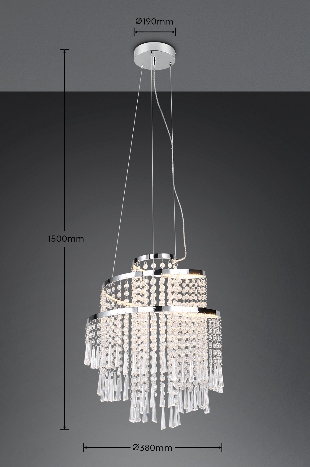 REALITY Leuchten LED Pendelleuchte »POMP, Kronleuchter chromfarbig mit Acryl Behang Ø 38cm Höhe 150 cm« LED-Board 1 Stk. Farbwechsler | warmweiß - kaltweiß LED Hängelampe 30W 4300 Lumen CCT 2700-6500K dimmbar mit Fernbedienung
