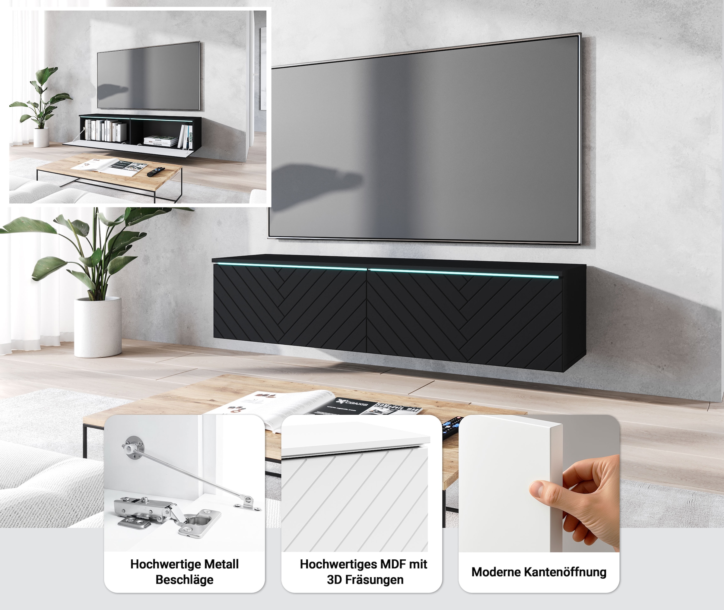 INOSIGN Lowboard »wahlweise mit oder ohne Beleuchtung« 1 Stk. tlg. 140 cm TV-Board ohne Griffe, mit viel Stauraum, stehend und hängend