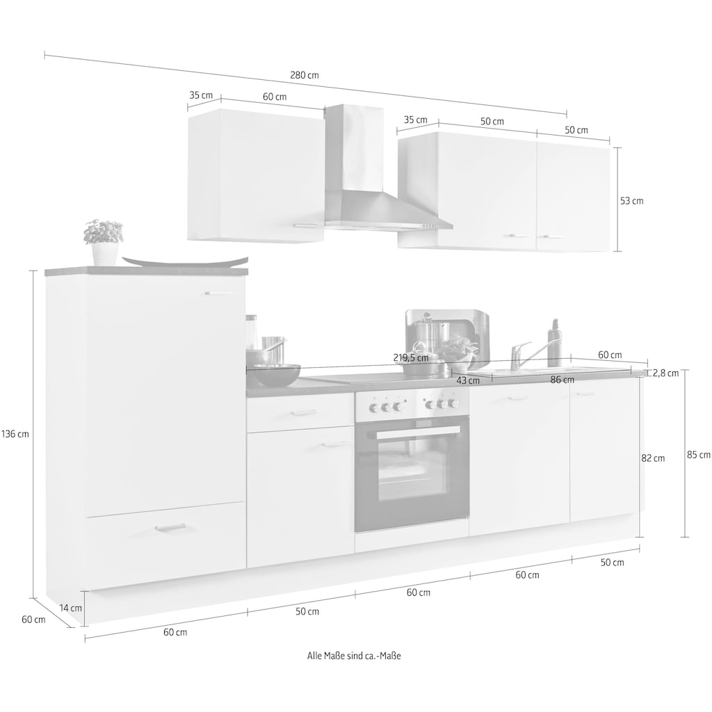 Menke Küchen Küchenzeile »White Classic«, Küchenzeile mit E-Geräten, Breite 280 cm