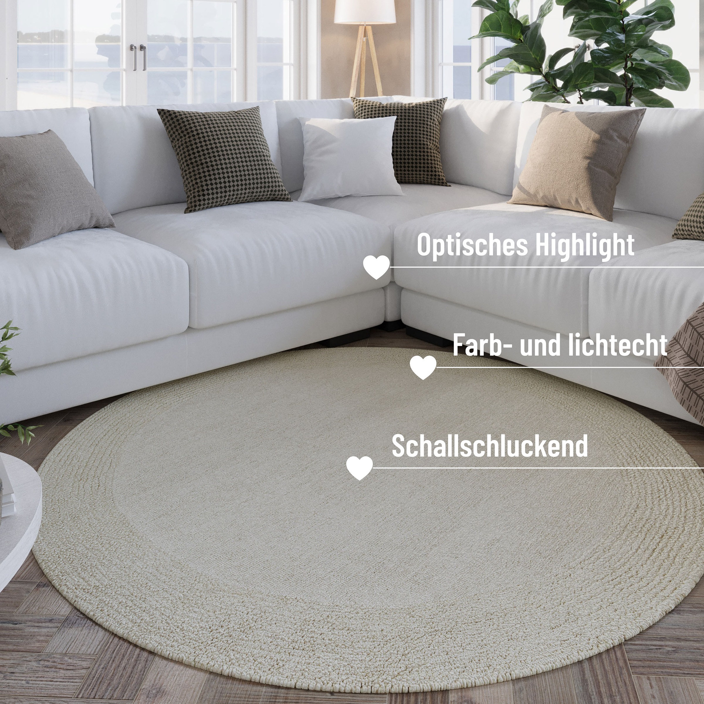 Wecon home Wollteppich »Hamptons TWENTYONE«, rund, 15 mm Höhe, Schurwolle, Kurzflor, Wohnzimmer, Schlafzimmer, elegant, Bordüre