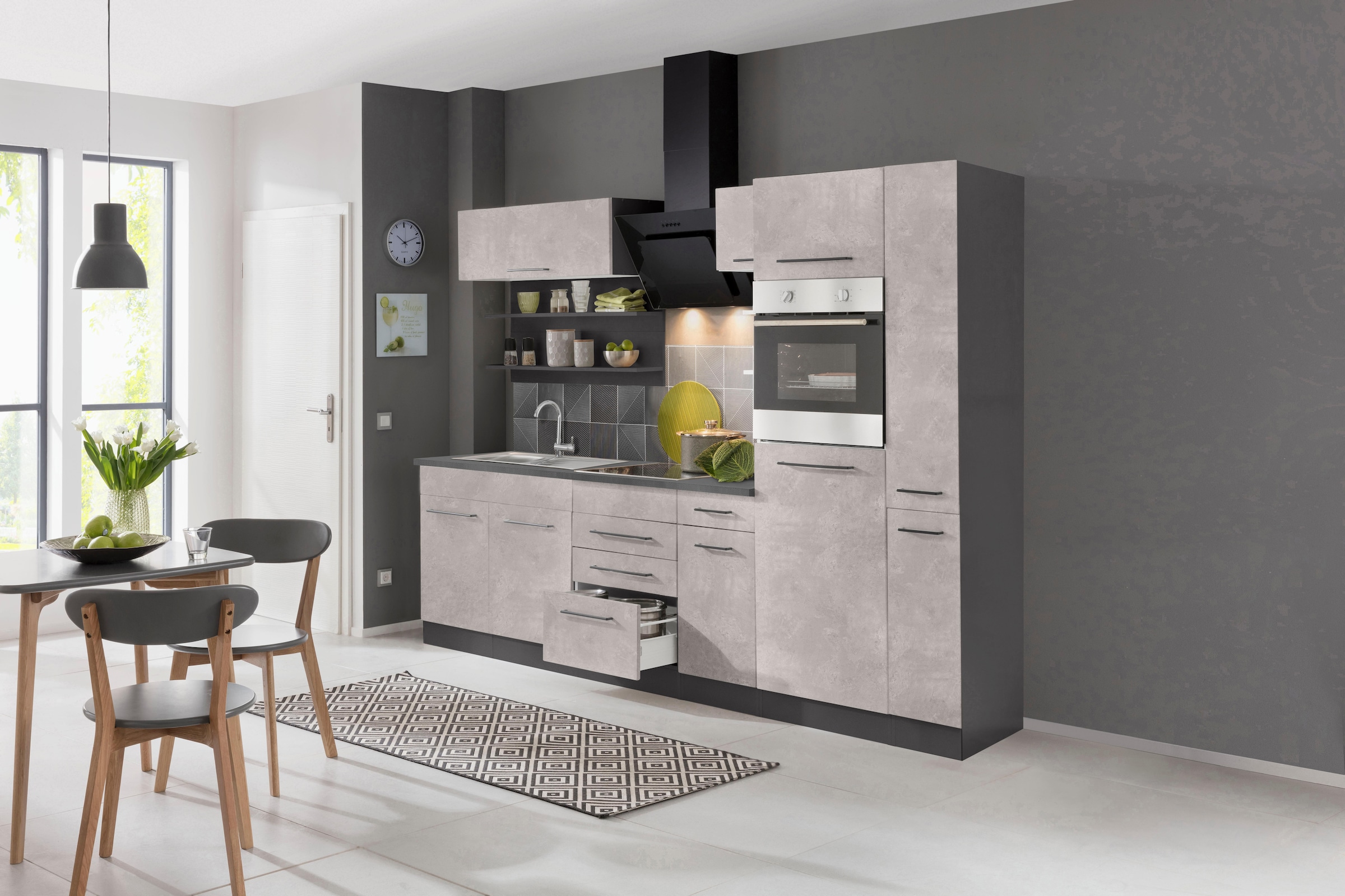 KOCHSTATION Küchenzeile »KS-Tulsa«, ohne E-Geräte, Breite 270 cm, schwarze Metallgriffe, MDF Fronten