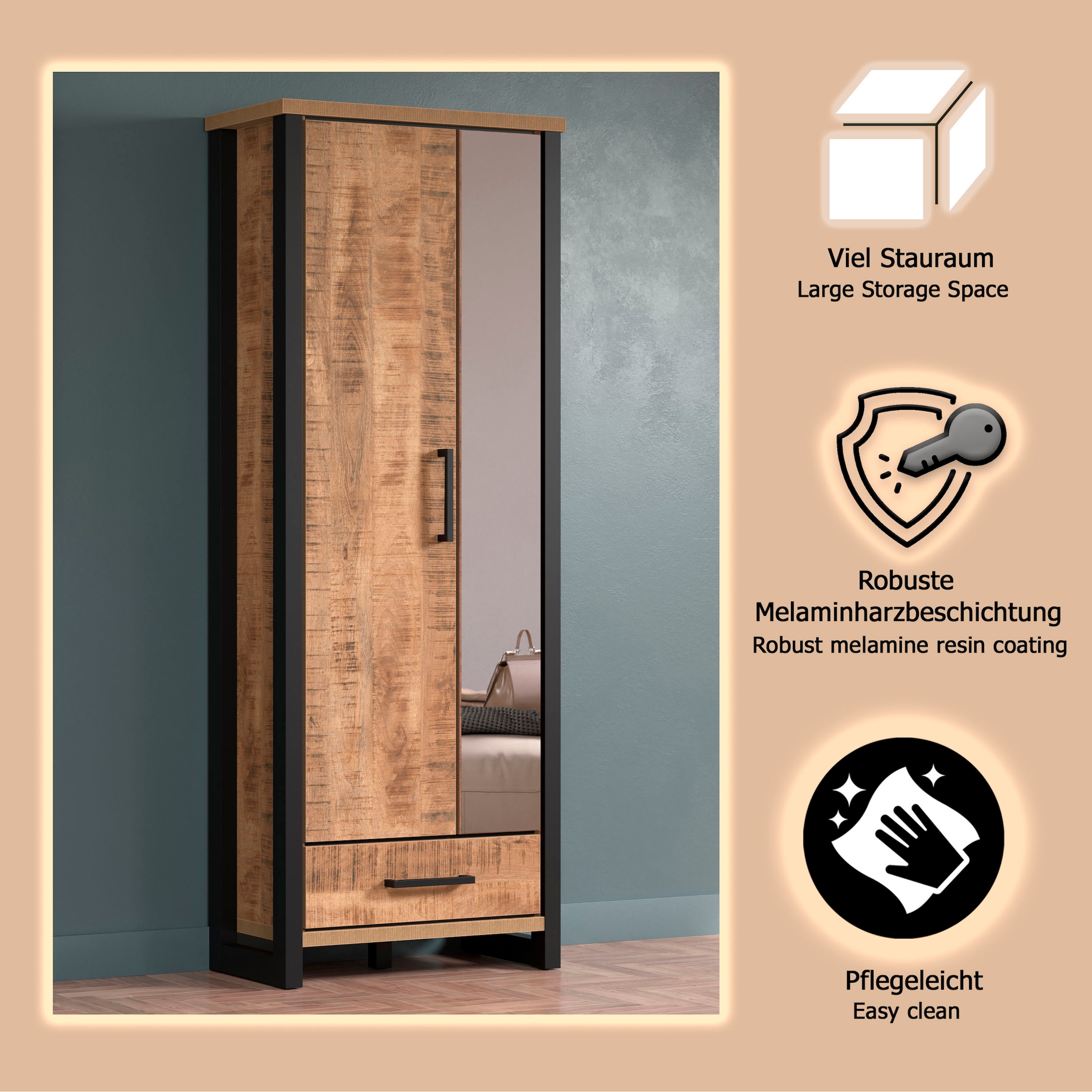 Home affaire Garderobenschrank »Elda« 1 Stk. tlg. Schrank mit ausziehbarer Kleiderstange, 2 Türen – (B/T/H) 73/39/195 cm