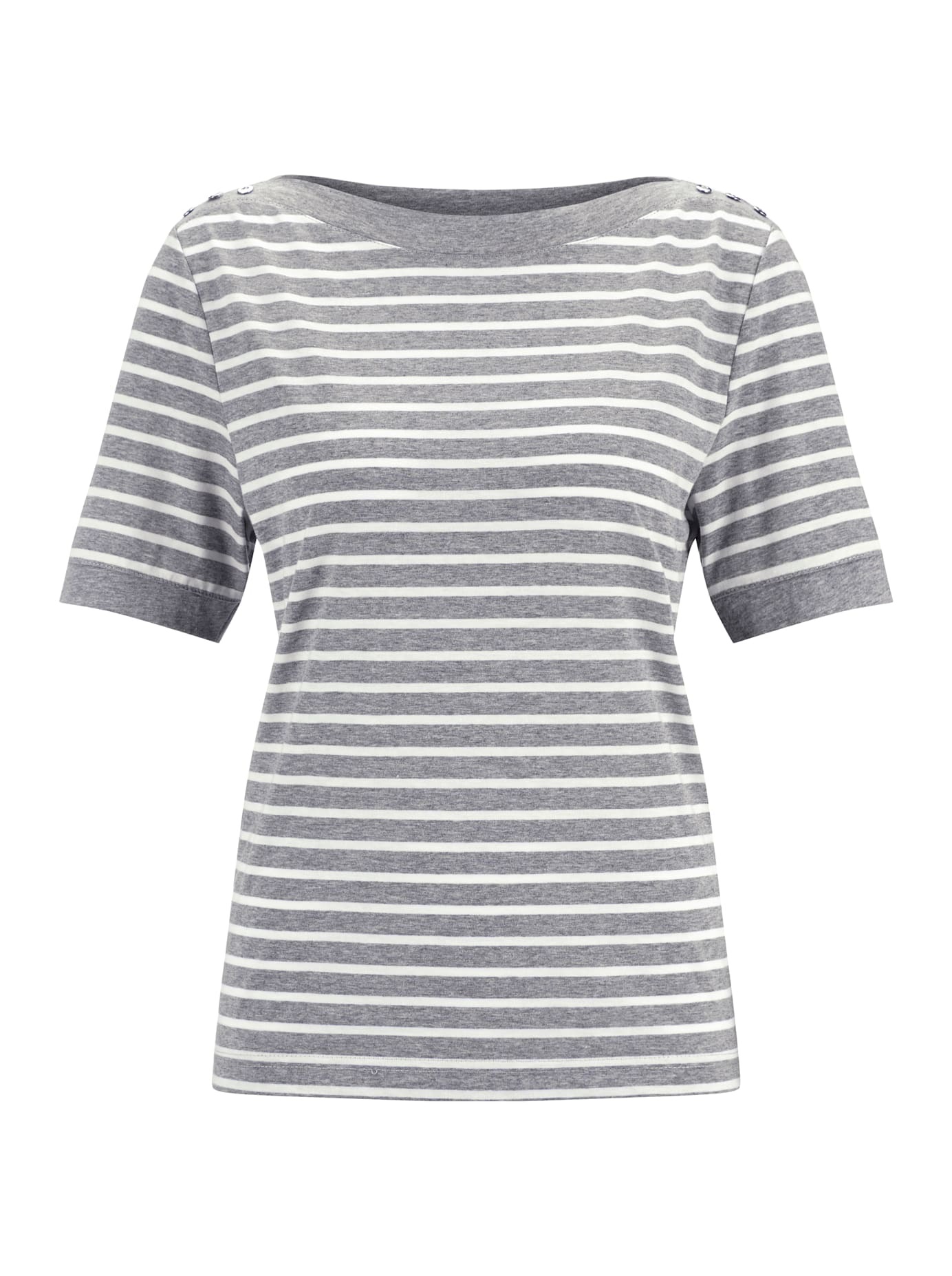 Kurzarmshirt CASUAL LOOKS "Shirt", Damen, Gr. 38, grau (grau, weiß), 50% Baumwolle, 50% Polyester, gemustert, gestreift, U-Boot-Ausschnitt, Shirts 2