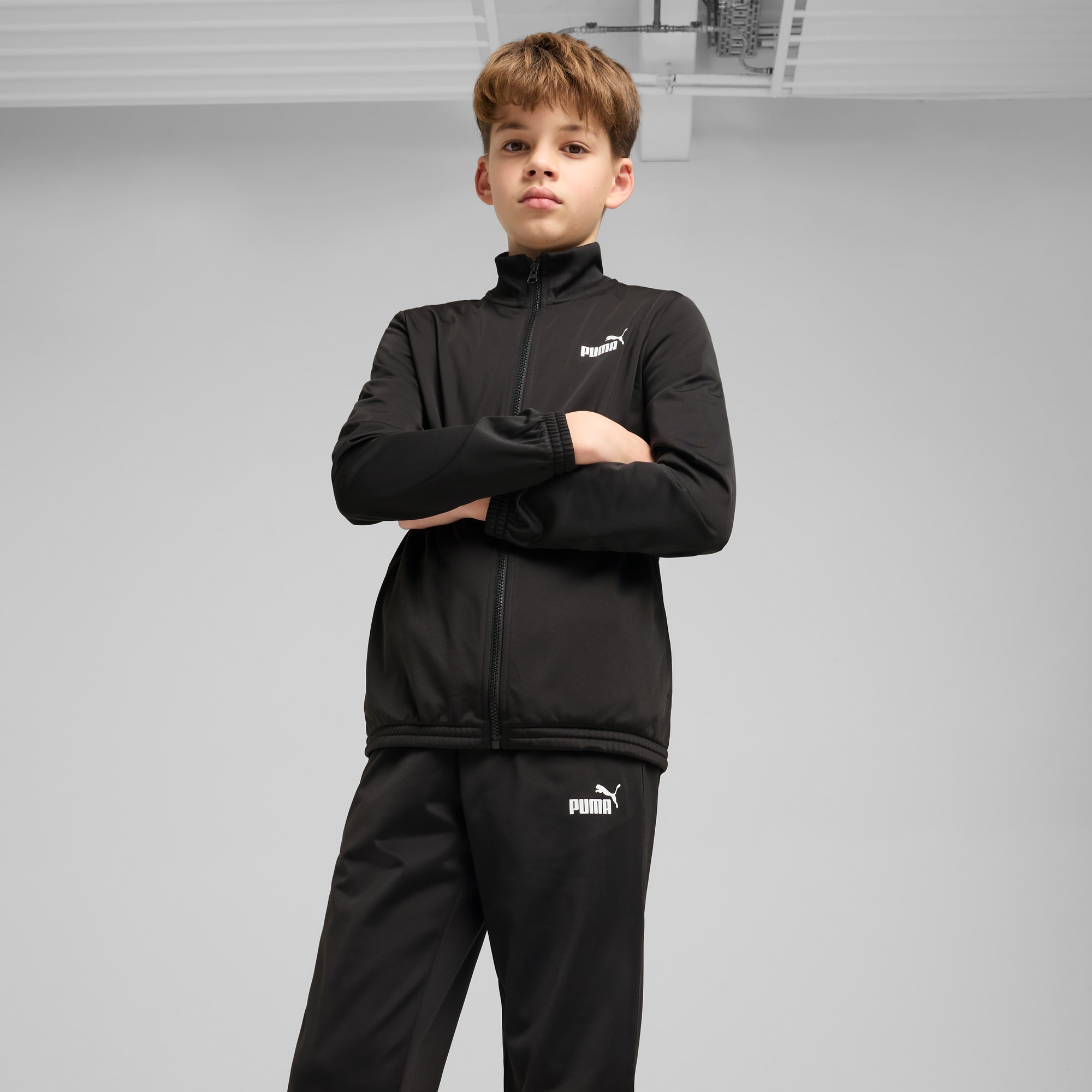 Trainingsanzug PUMA "POLY SUIT B", Jungen, Gr. 152, schwarz (puma schwarz), Trikot, Obermaterial: 100% Polyester, unifarben, regular fit, Sportanzüge Trainingsanzug, zweiteiliges Set mit Jacke und Hose, für Jugendliche, Regular Fit