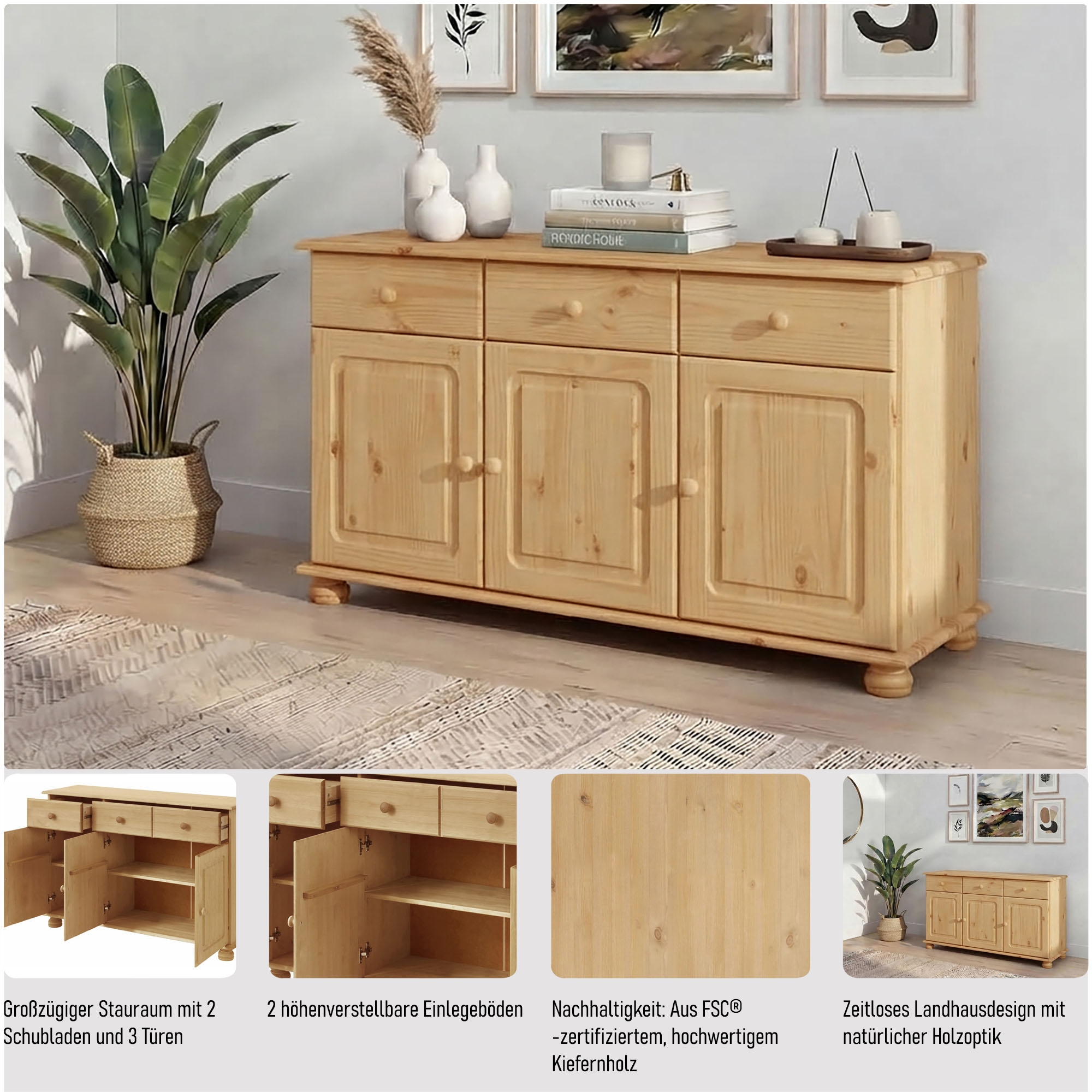 OTTO home Sideboard »Mette« Kommode mit gefrästen, kugelförmigen Füßen, Breite 120 cm