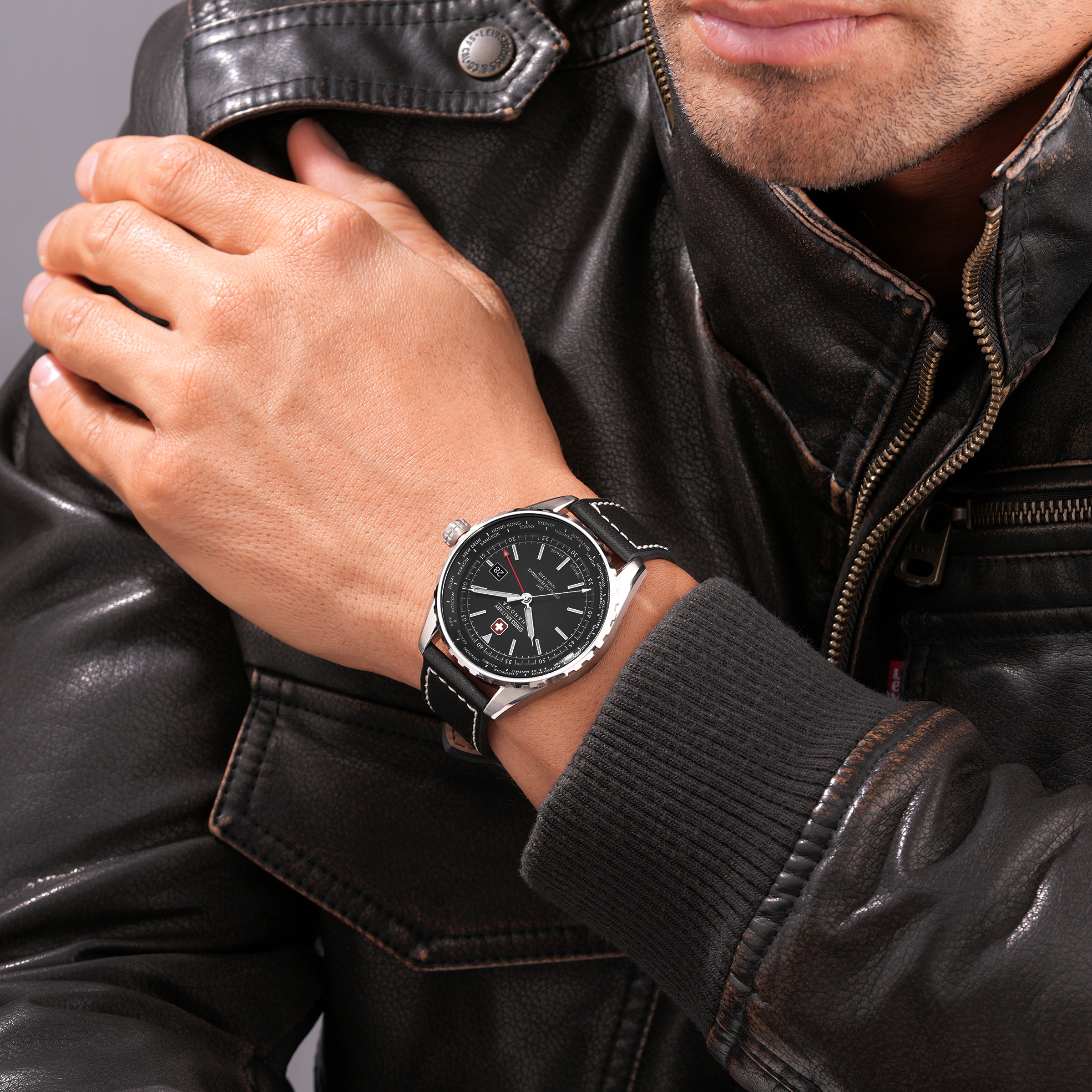 Swiss Military Hanowa Quarzuhr »Afterburn GMT« Armbanduhr, Herrenuhr, Swiss Made, Lederarmband, analog, Tag