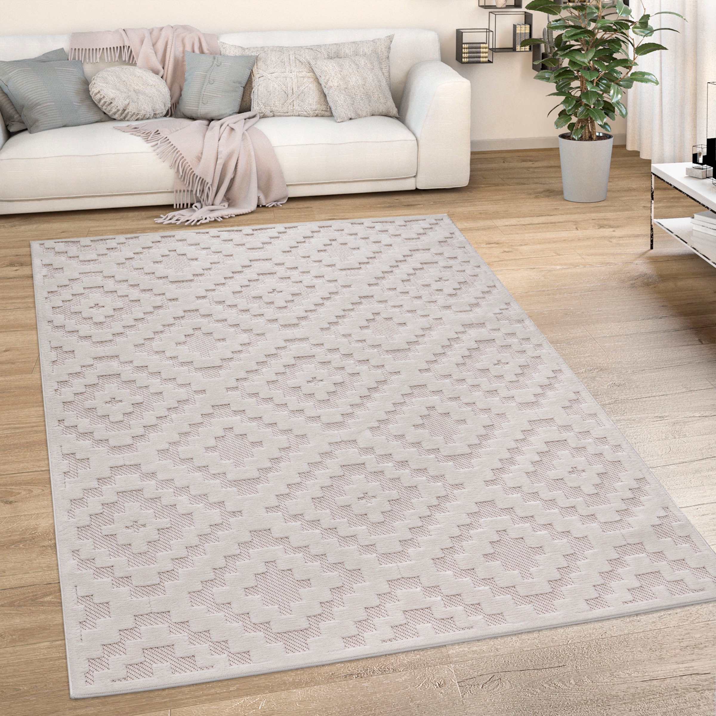 Paco Home Teppich »Livorno 672«, rechteckig, 14 mm Höhe, Uni-Farben, Scandi, Rauten Muster, Hoch-Tief Effekt, Outdoor geeignet