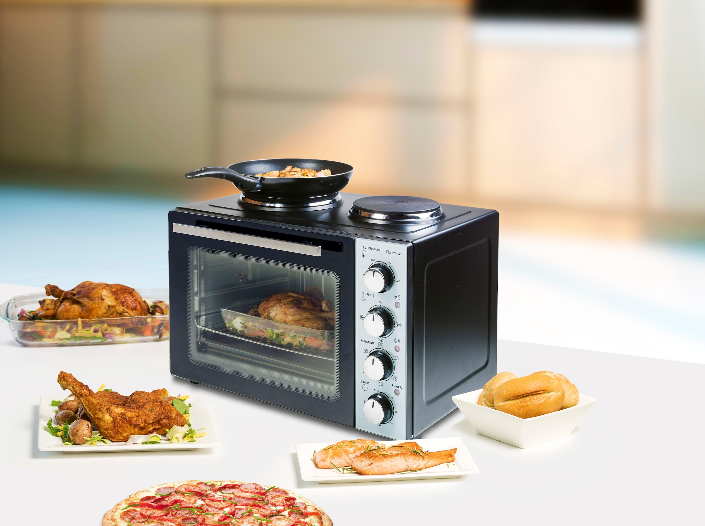 bestron Kleinküche »AOV31CP Crispy & Co«, mit Ofen und Doppelkochplatte,  3200 Watt, Schwarz per Raten | BAUR | Minibacköfen