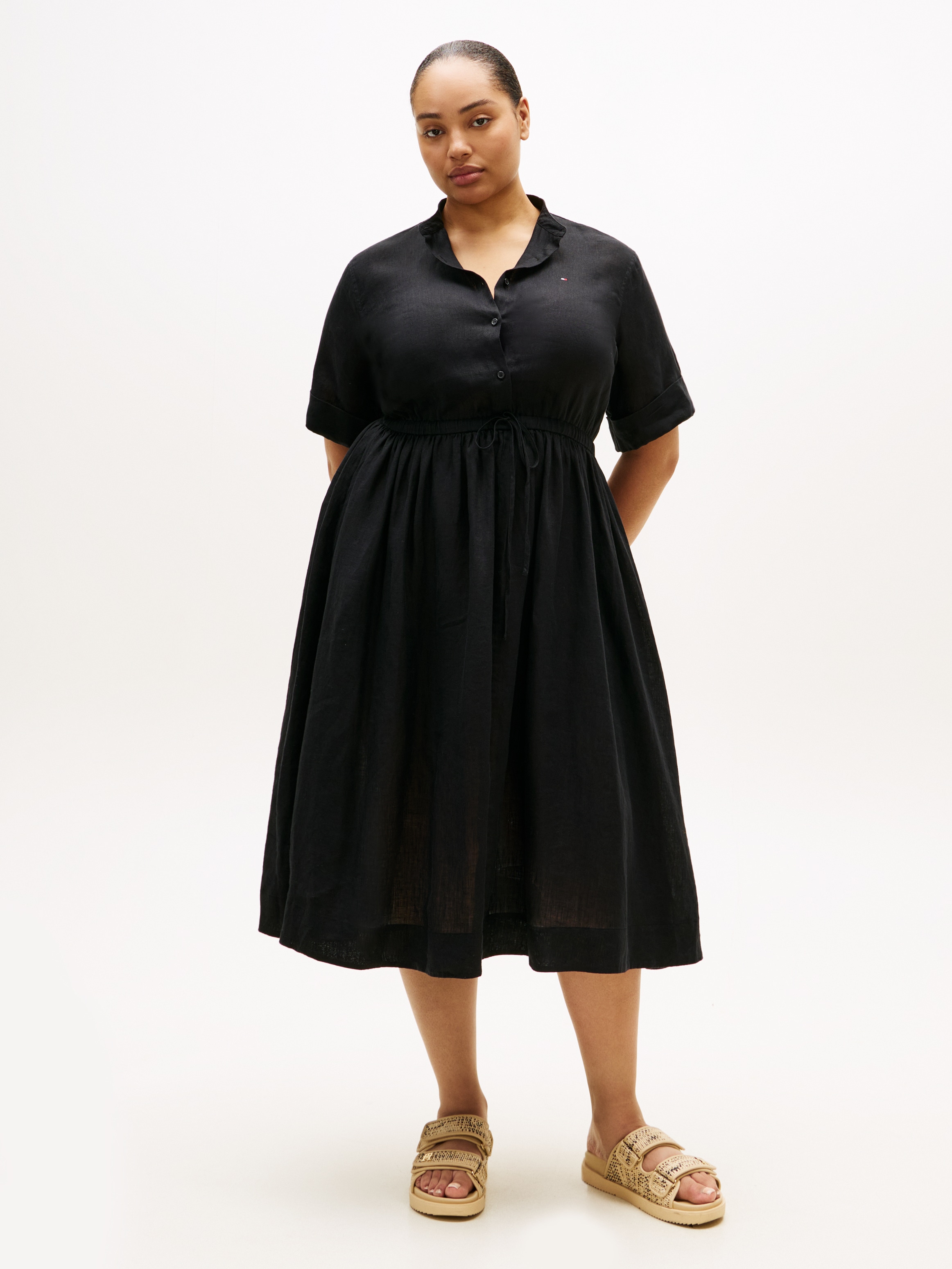 Tommy Hilfiger Curve "CRV LINEN MIDI SHIRT DRESS SS" in großen Größen, Taille mit Bindeband