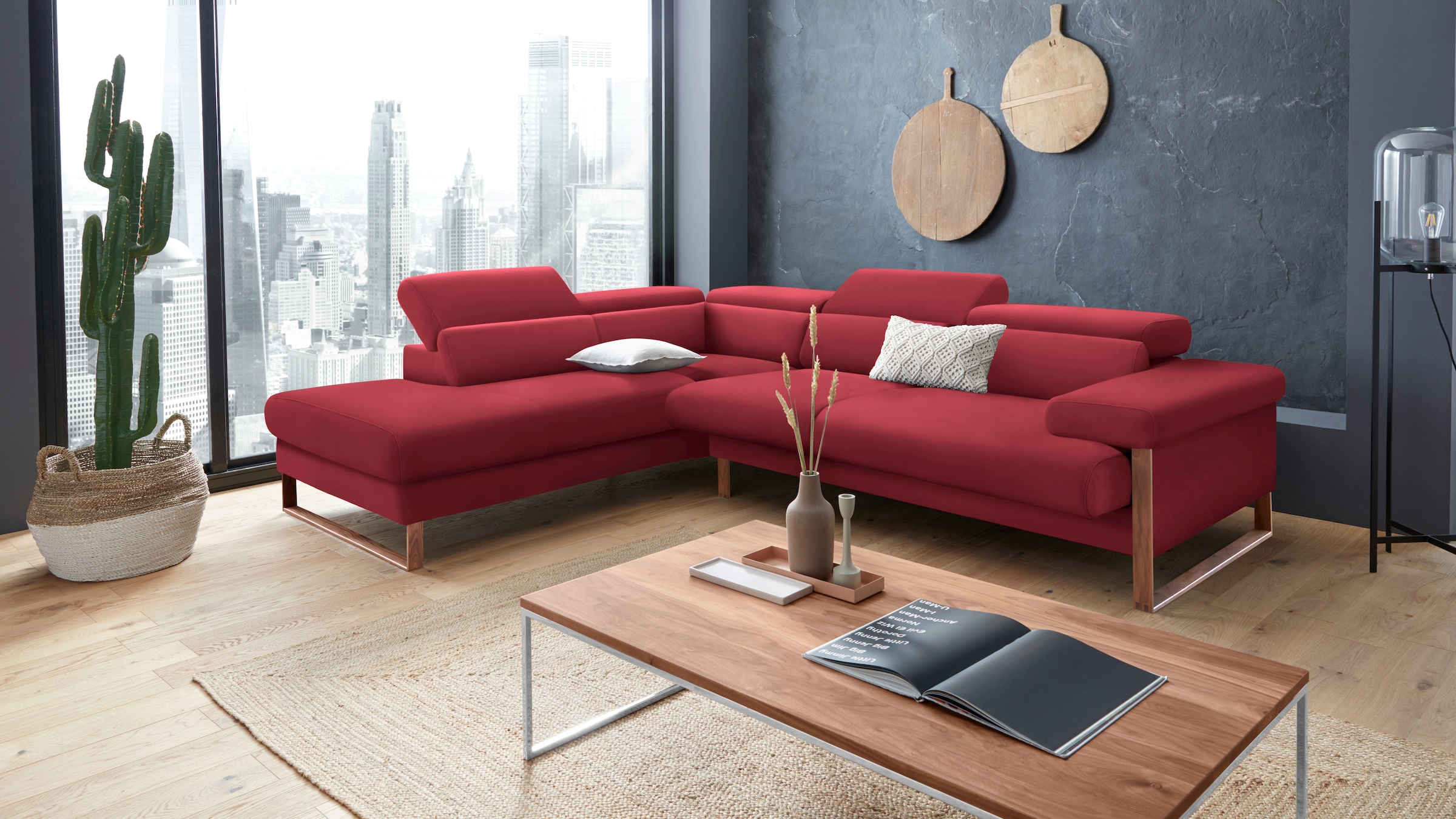 W.SCHILLIG Ecksofa »finn, Designsofa mit tollem Sitzkomfort, bequem, L-Form«, German Design Award 2016, Fußgestell Nussbaum natur, Breite 281 cm