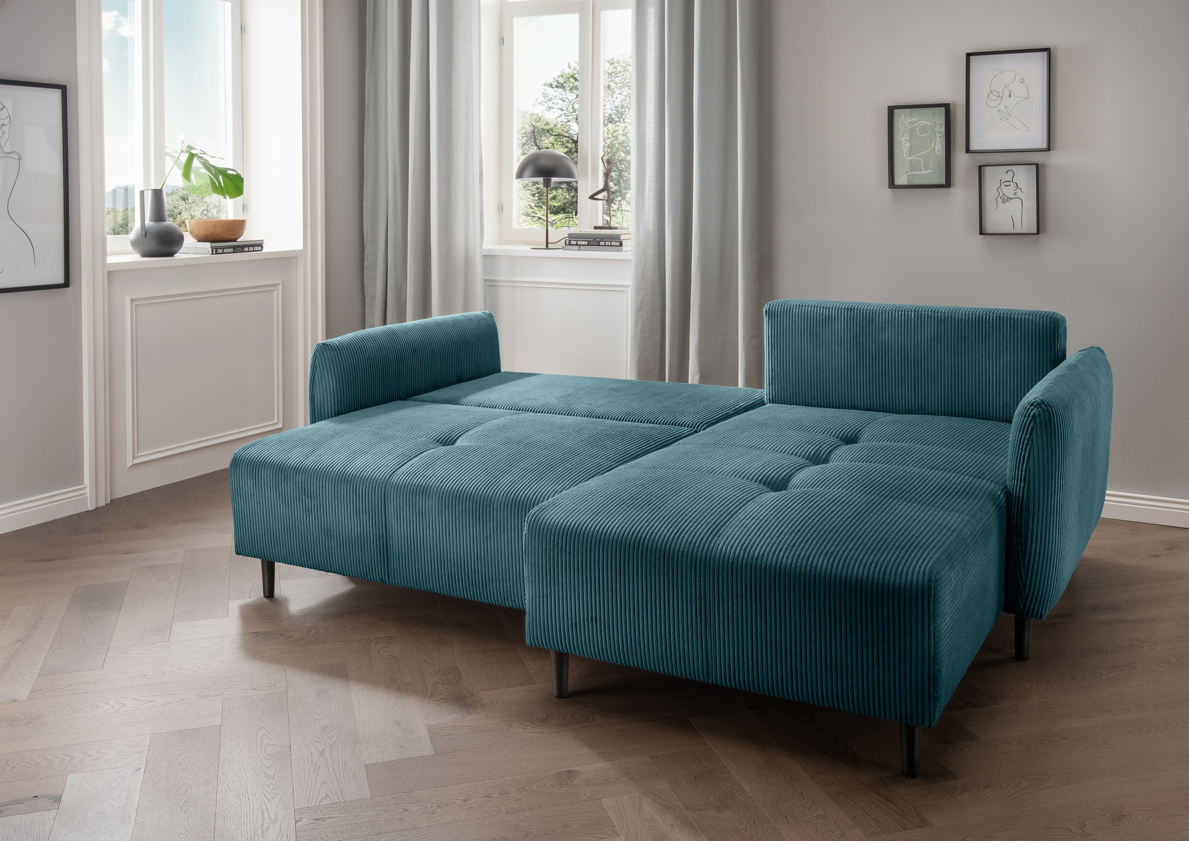 INOSIGN Ecksofa »Mara, aktueller Cord Bezug, wahlweise mit Bett und Bettkasten«, mit schmalen Armlehnen, Recamiere links und rechts montierbar, L-Form