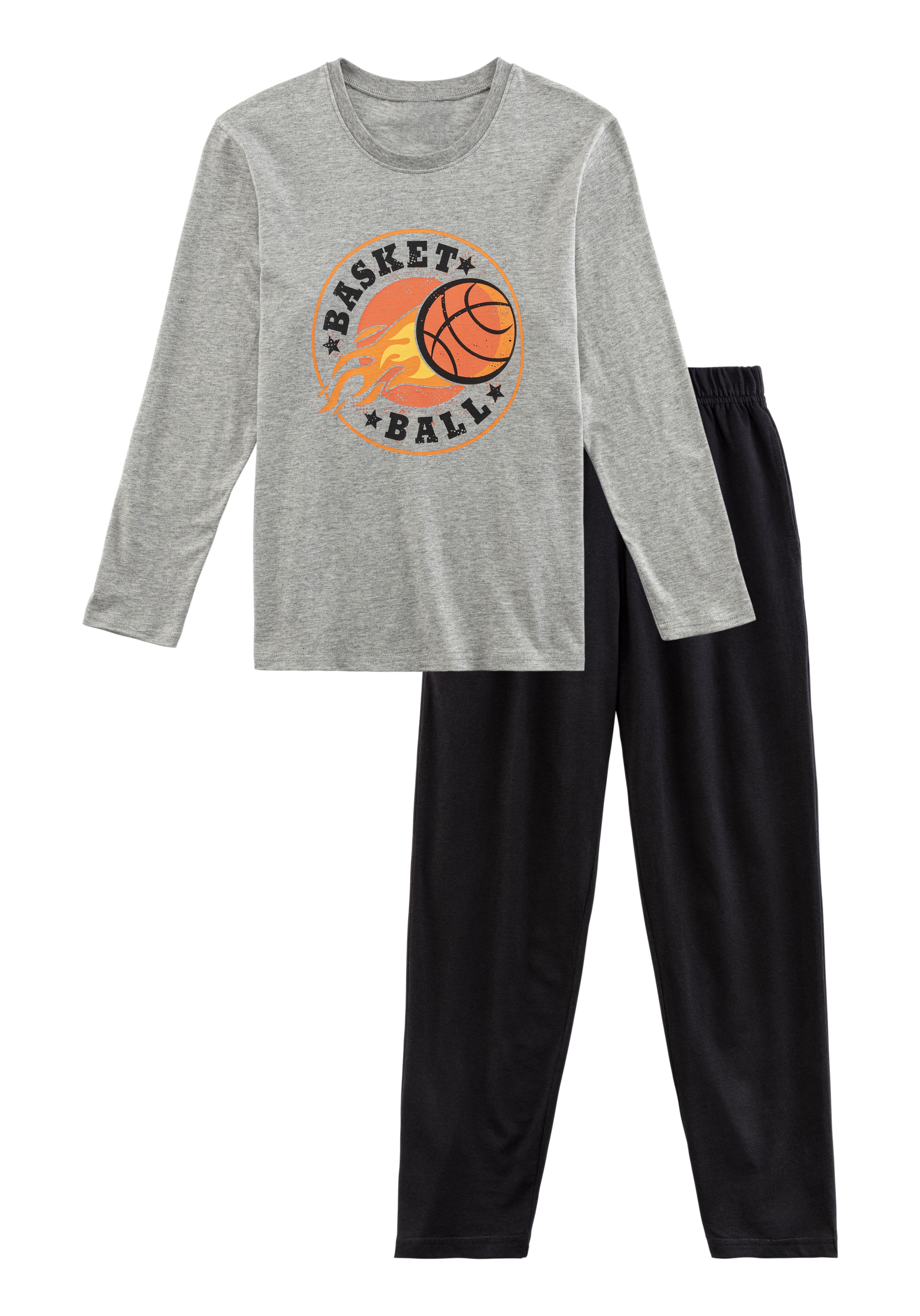 AUTHENTIC LE JOGGER Pyjama 2 tlg. langer Schlafanzug meliert mit Basketball-Aufdruck, aus Baumwolle