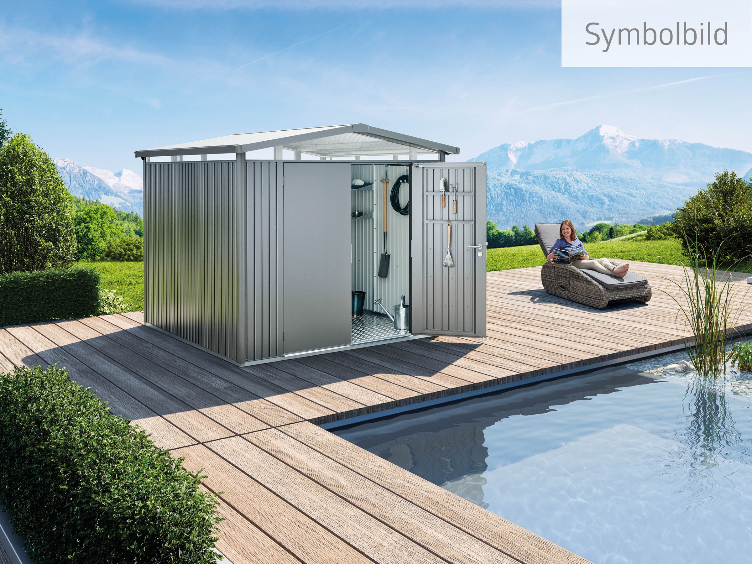 Biohort Gerätehaus »PANORAMA Gr. P1 quarzgrau-metallic
mit Doppeltür«, aus Metall mit umlaufendem Acrylglas-Lichtband