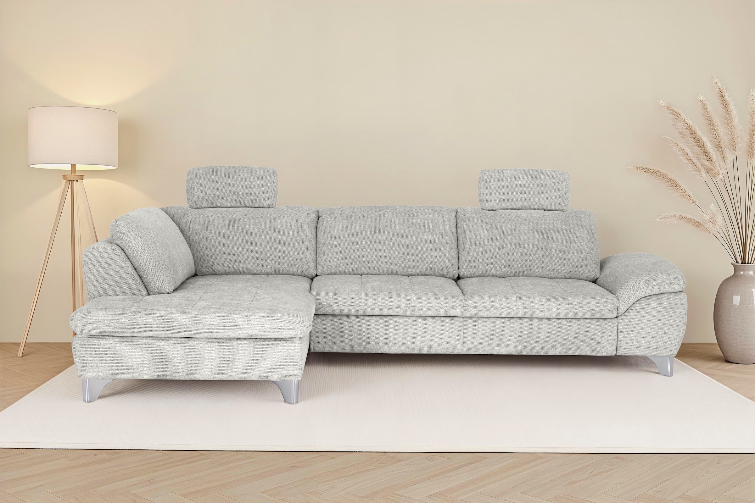 Die PlanBar Ecksofa "Ottomane MP-IN14007 L-Form, Breite 306 cm" wahlweise mit Schlaffunktion und verstellbaren Kopfstützen