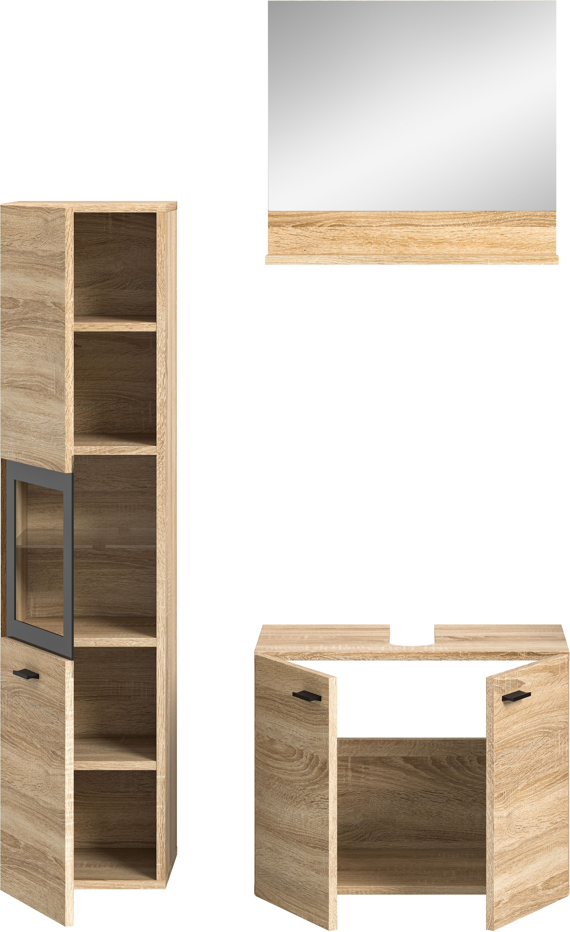 welltime Badmöbel-Set »Tampa, Breite 102cm, 3-teilig«, (3 St.), Waschbeckenunterschrank, Spiegel, Hochschrank