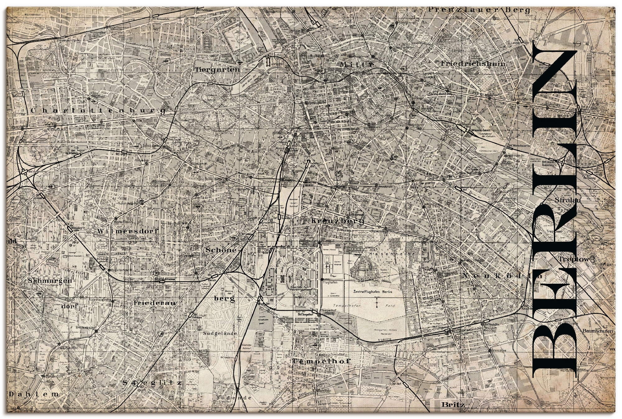 Artland Wandbild »Berlin Karte Straßen Karte Grunge«, Deutschland, (1 St.), als Alubild, Outdoorbild, Leinwandbild, Poster in verschied. Größen