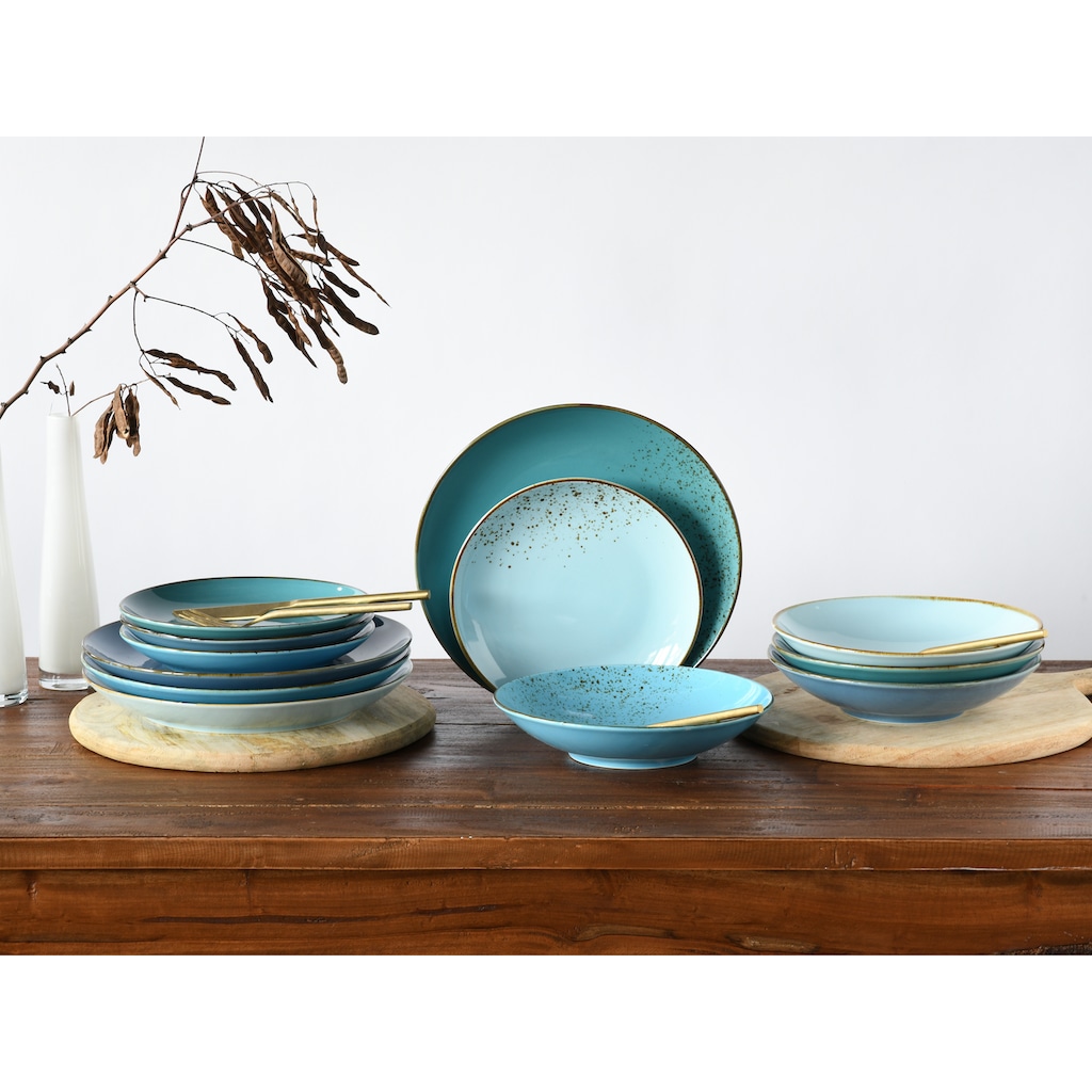 CreaTable Tafelservice »Geschirr-Set NATURE COLLECTION Aqua«, (Set, 12 tlg., Teller Set für 4 Personen), Service, 12 Teile, für 4 Personen