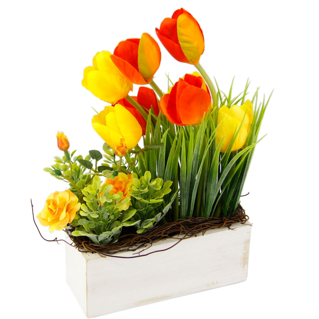 my home Gestecke »Tulpen Wildrosen und Gras«, Im Topf, aus Holz, Blumendeko