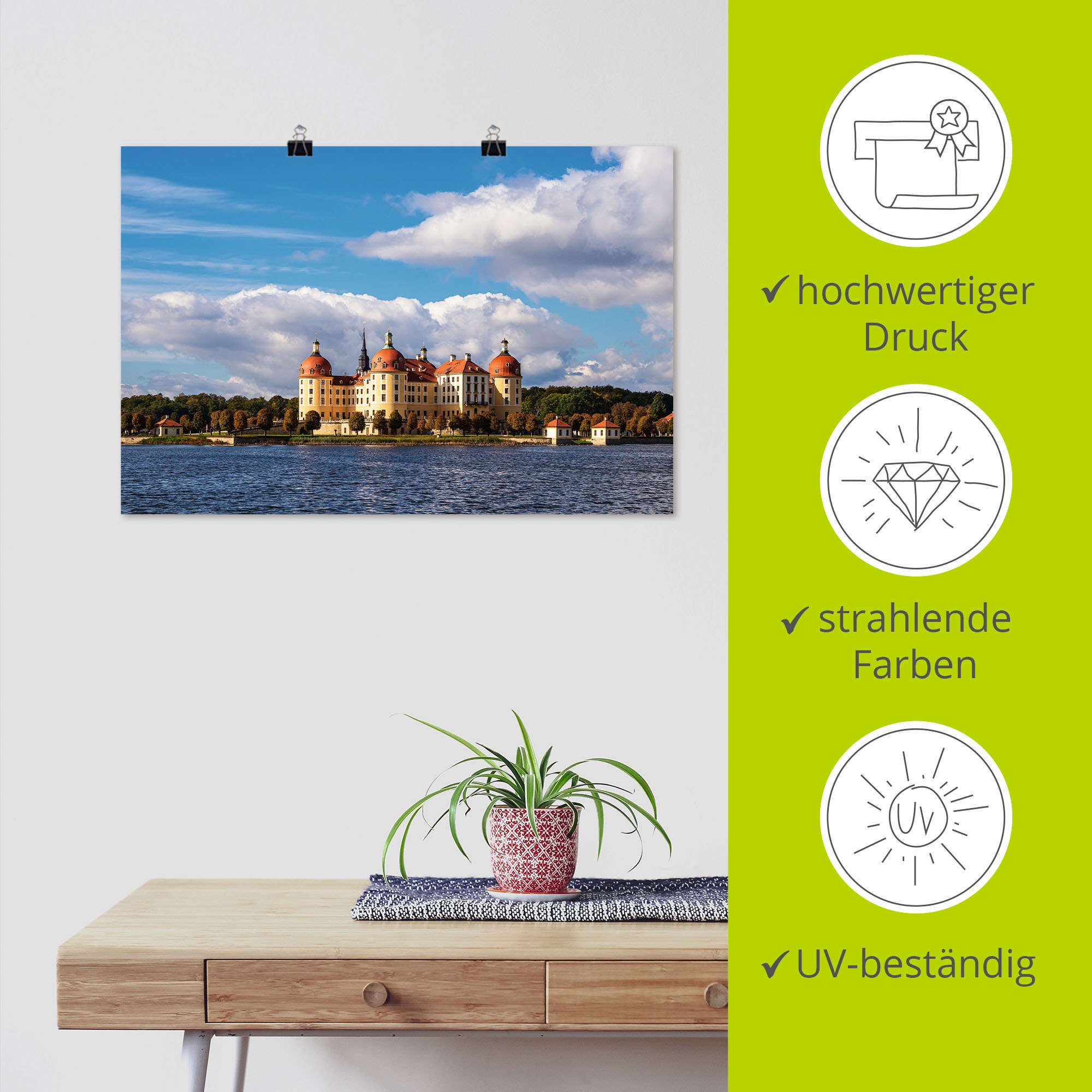 Artland Wandbild »Schloss Moritzburg in | Größen Poster (1 bestellen Wandaufkleber als Gebäude, in Leinwandbild, versch. BAUR Sachsen«, oder Alubild, St.)