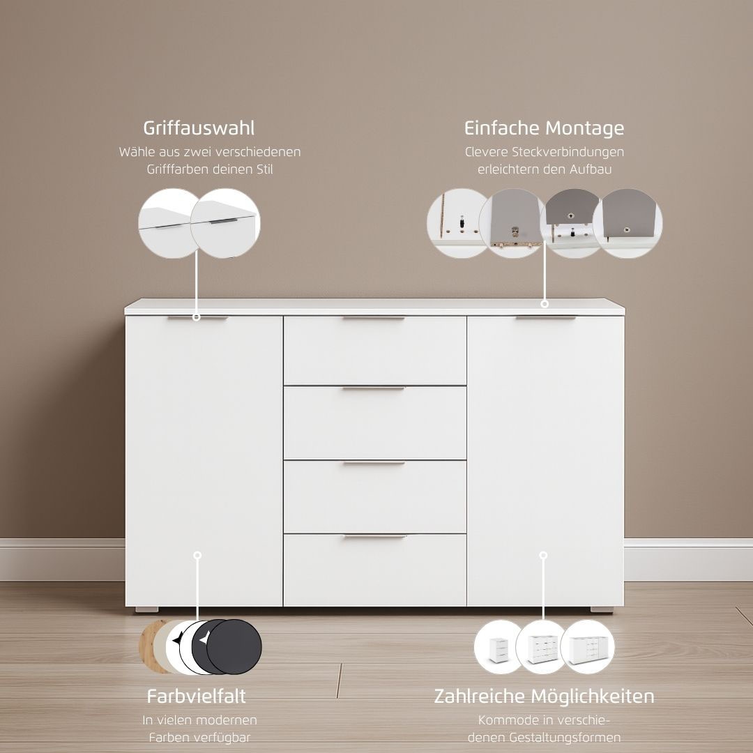 rauch Kombikommode »Sideboard Schubladenkommode AGORDO mit Dekor- oder Hochglanzfront«, (in zwei Griff-Farben, Breite 120 cm inkl. Soft-Close-Funktion), vier große Schubladen, mit insgesamt 4 Einlegeböden MADE IN GERMANY