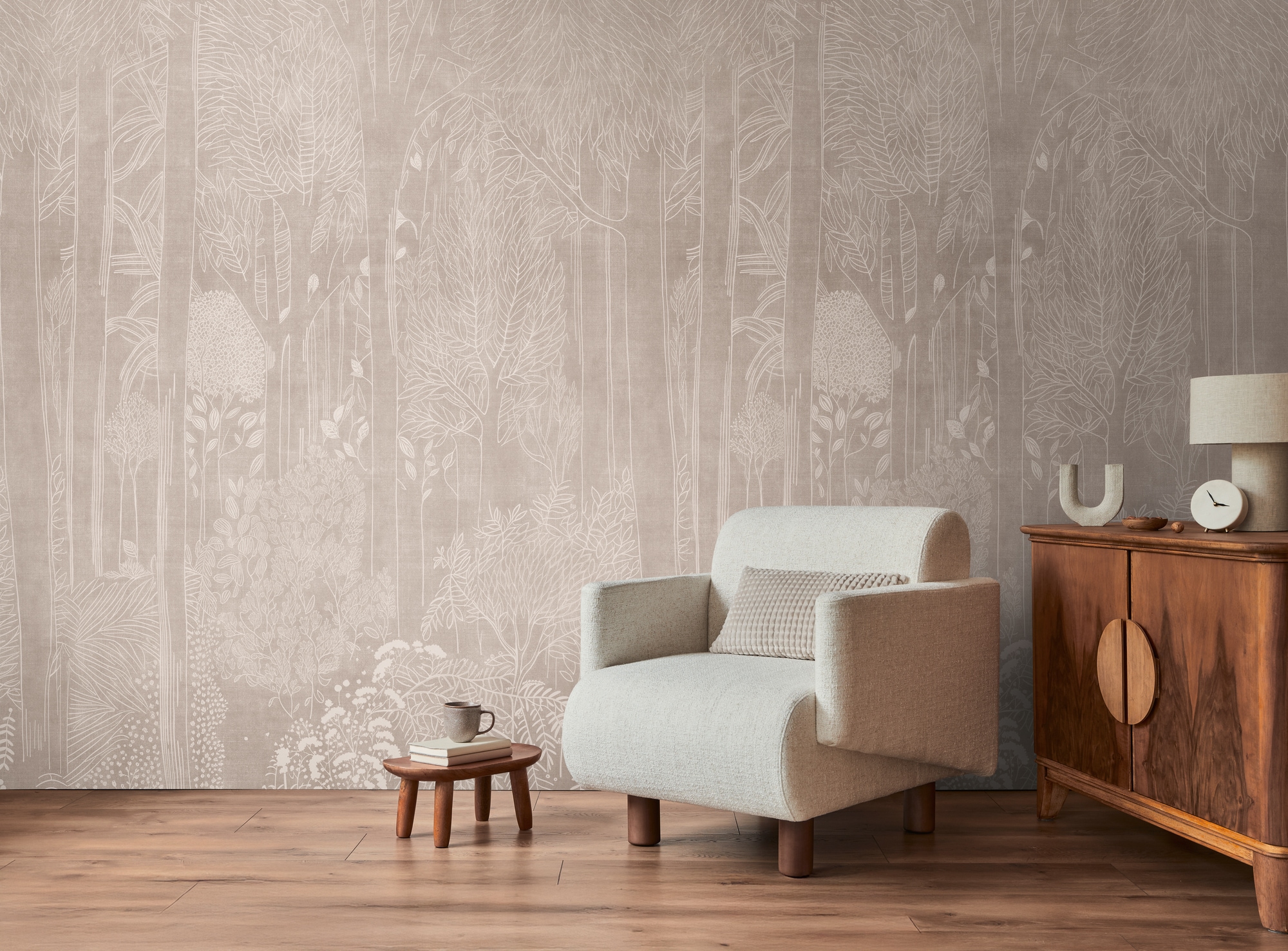 living walls Vliestapete »Vibes & Styles Elara – Silent Forest Fototapete« Kunst leicht strukturiert Zarte Waldszene mit filigranen Details und sanfter, eleganter Tiefe