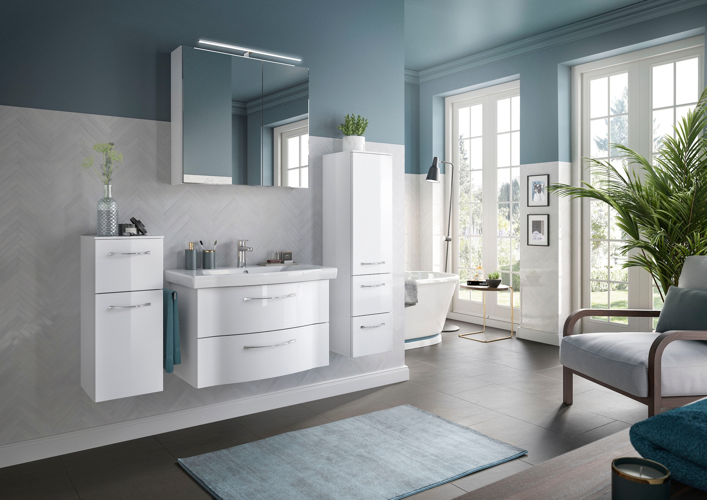 Saphir Badmöbel-Set »6005 Sprint 4-teilig, Keramik-Waschtisch mit LED-Spiegelschrank«, (5 St.), Unterschrank, Midischrank, inkl. Türdämpfer, 4 Türen, 5 Schubladen