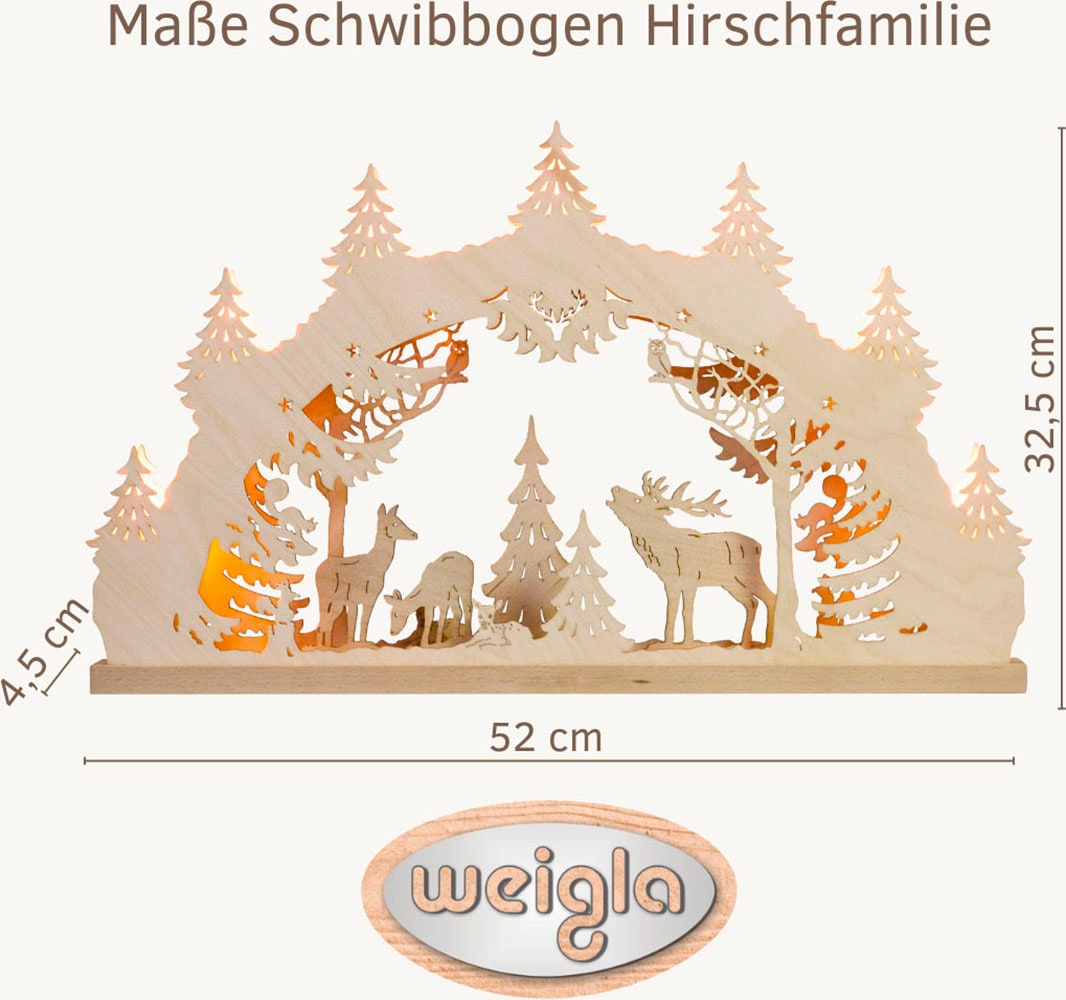 Weigla LED Schwibbogen »Hirschfamilie, Lichterbogen aus Holz, NATUR«, Erzgebirge garantiert, Weihnachtsdeko Innen, Weihnachtsbeleuchtung