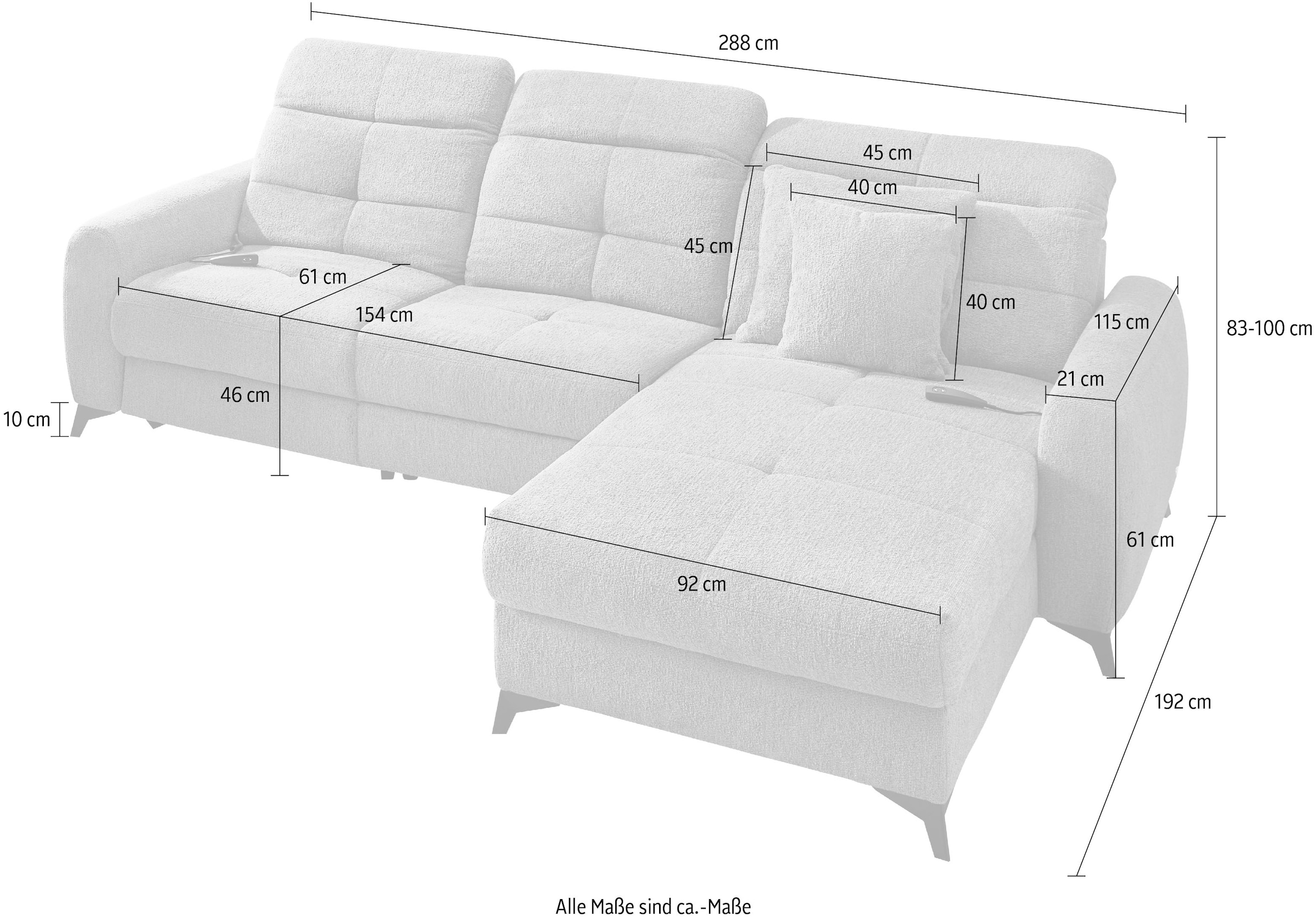 Jockenhöfer Gruppe Ecksofa »Chillout, L-Form, B: 288cm, elektr. Relaxfunktion im Sitz und Ottomane« 140kg Belastbarkeit je Sitz, verstellbaren Kopfstützen & Zierkissen