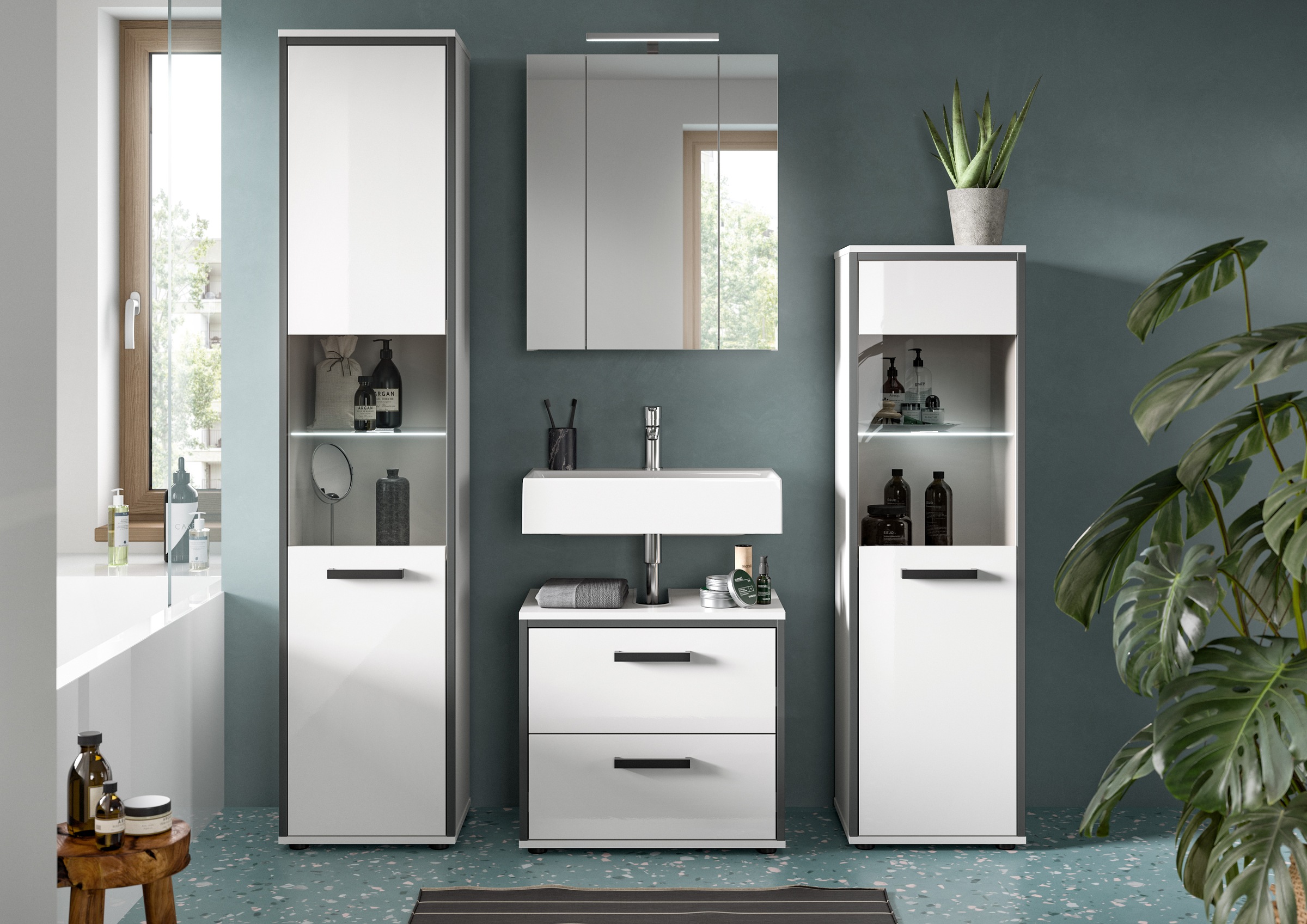 welltime Badmöbel-Set »KAJO, 4-tlg. Badkombination, weiß hochglanz inkl.Beleuchtung« Set, Set, best. aus:Hochschrank,Midischrank,WBU,Spiegelschrank,Beleuchtung, 7 Stk. tlg.