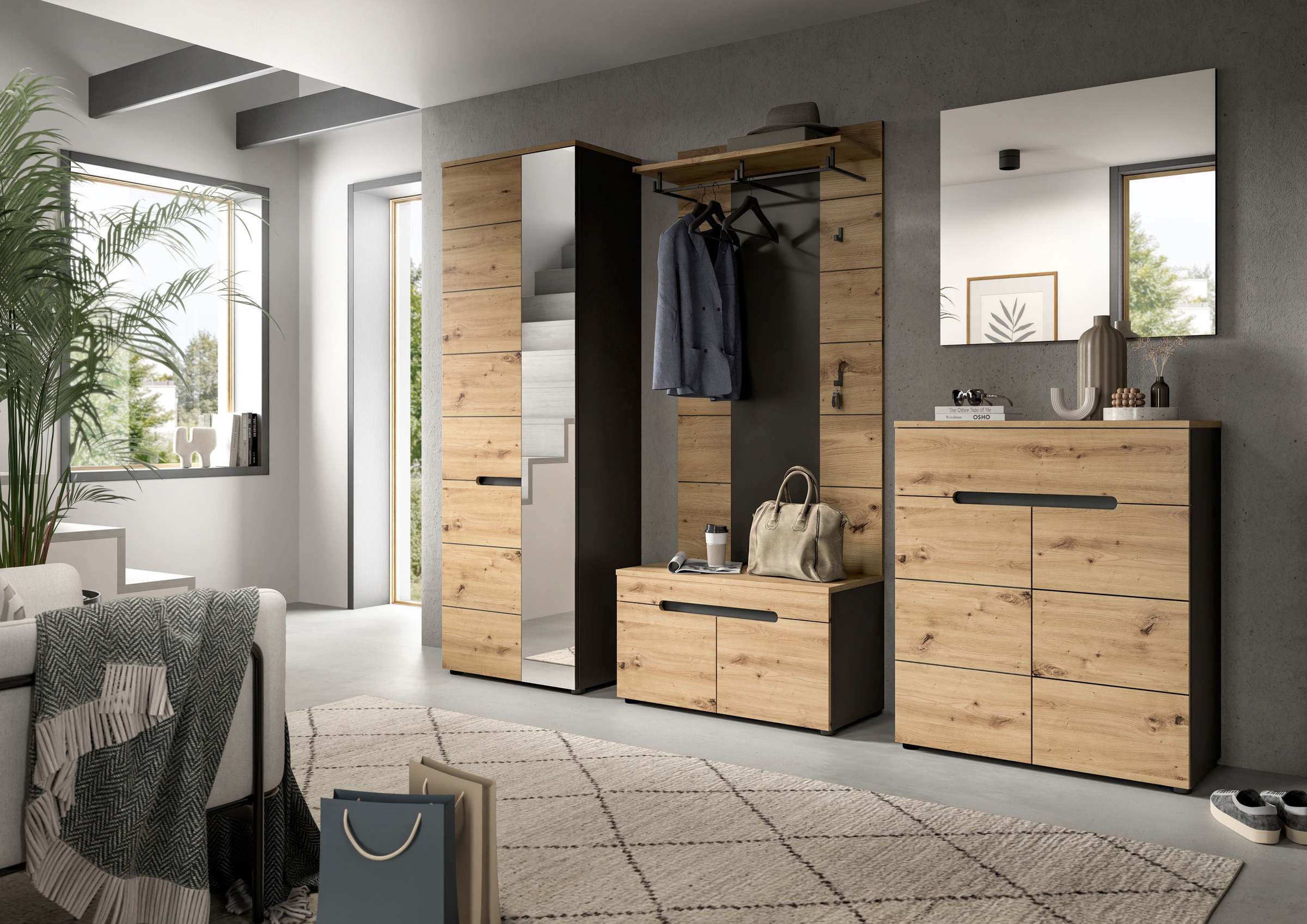 INOSIGN Garderoben-Set, (Set, 3 St., bestehend aus: Garderobenschrank, Sitzbank und Paneel), Garderobenkombination, Kombination, Set, Flurgarderobe, Diele