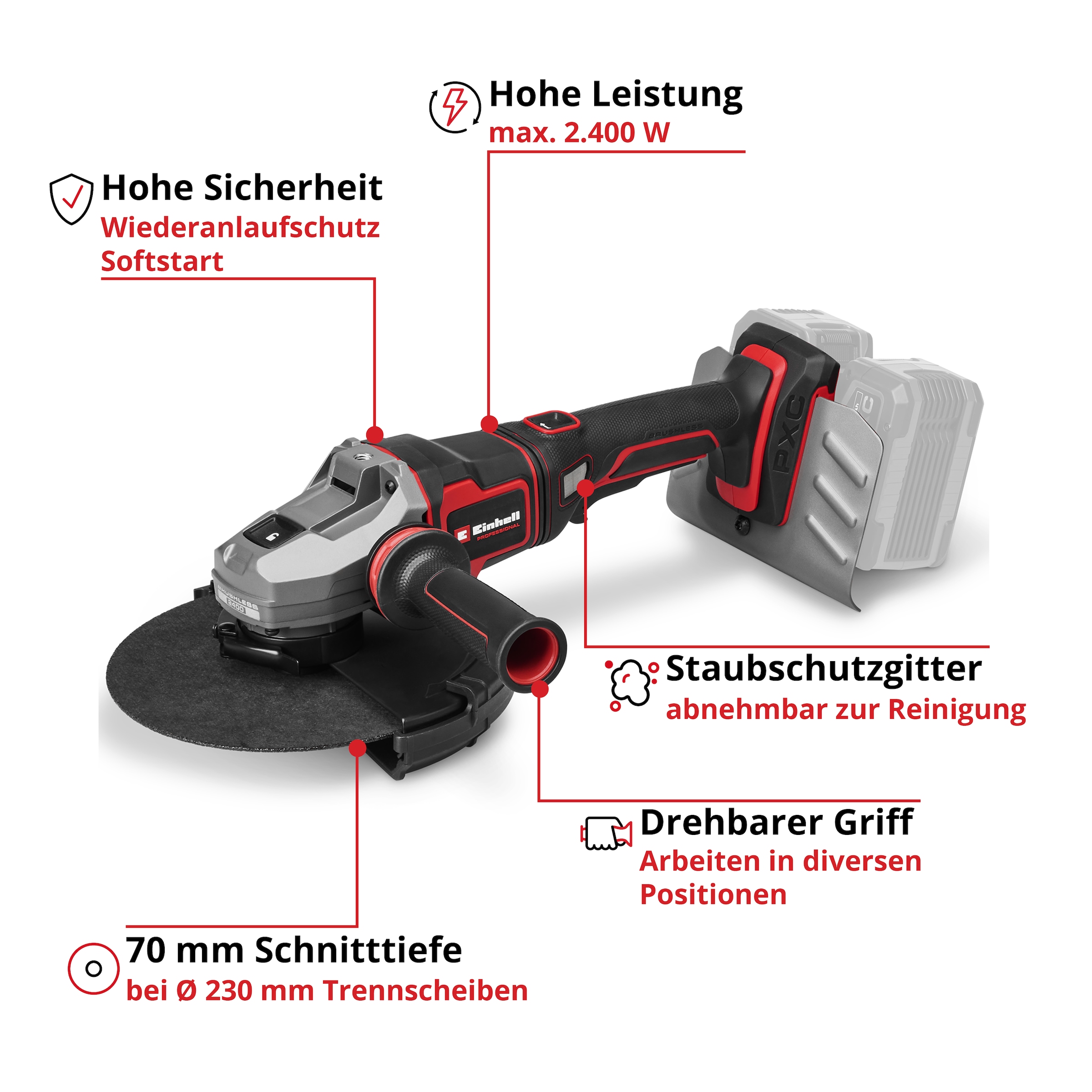 Einhell Akku-Winkelschleifer »TP-AG 36/230-24 Li BL - Solo« PXC, 36 V, 2400 W, Ø 230 mm, 70 mm Schnitttiefe, Brushless, ohne Akku