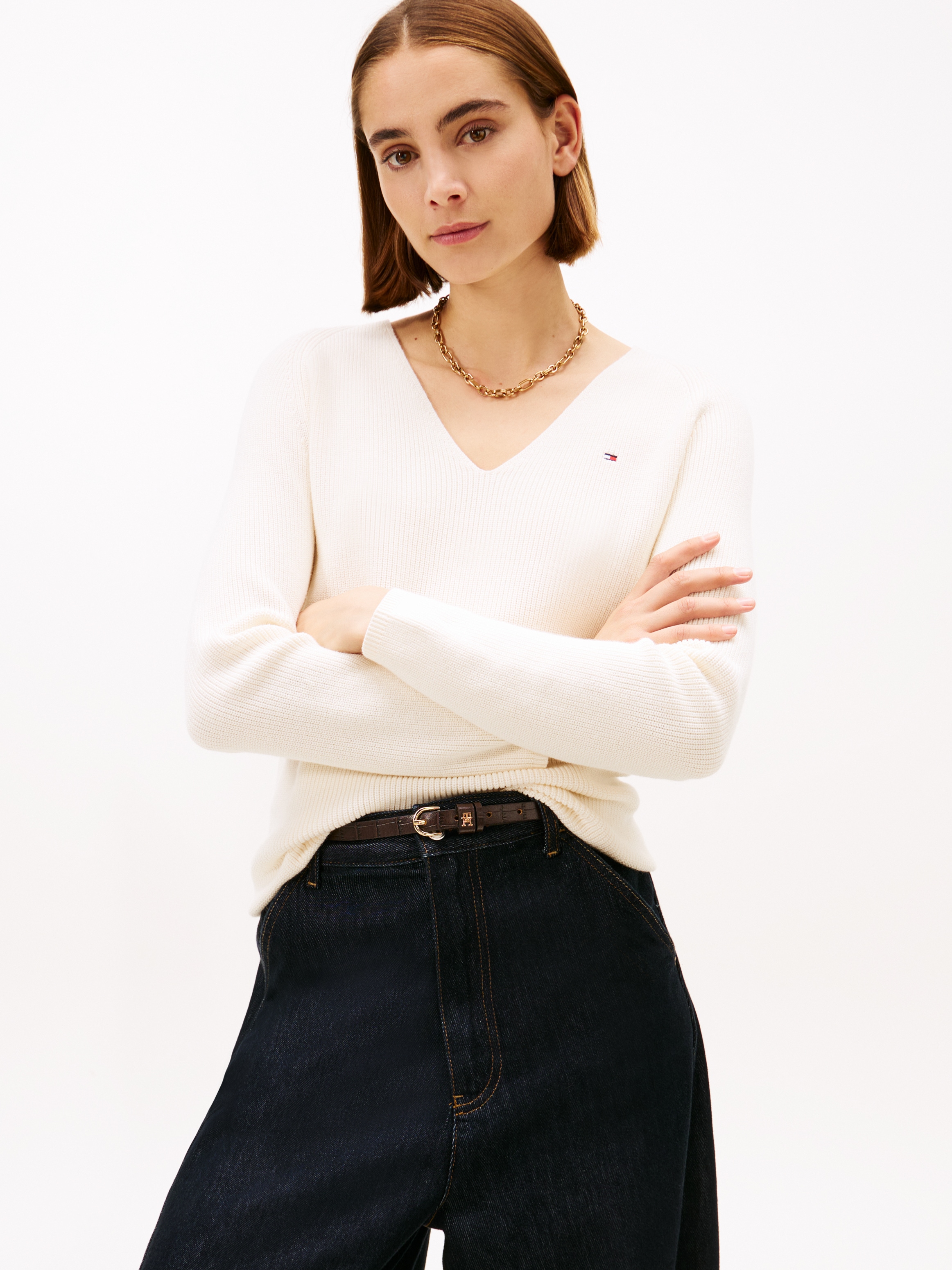 Tommy Hilfiger Strickpullover »CO CARDI STITCH V-NK LS« mit Logostickerei