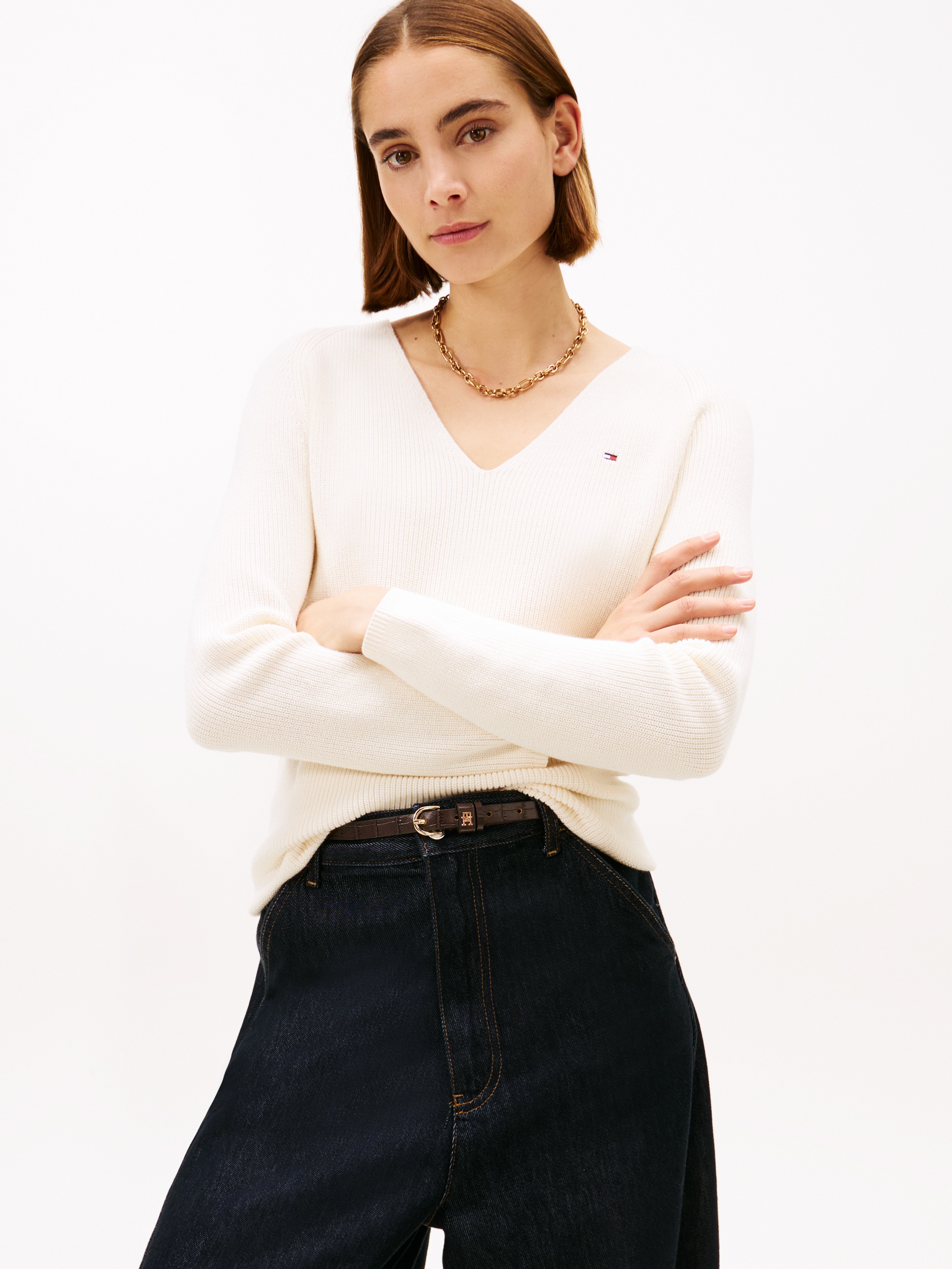 Tommy Hilfiger Strickpullover "CO CARDI STITCH V-NK LS" mit Logostickerei günstig online kaufen