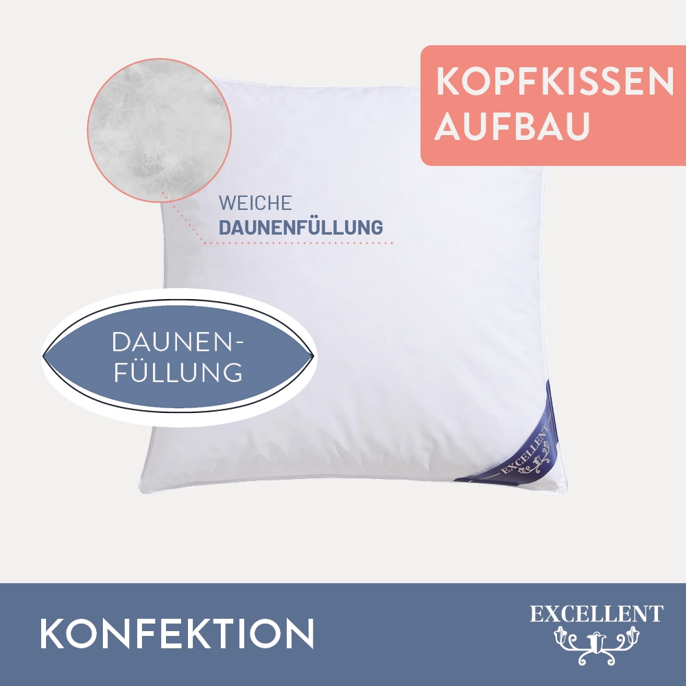 Excellent Kopfkissen »Venedig«, Füllung: weiße neue Federn und Daunen, Klasse I, 85% Federn / 15% Daunen, Bezug: Köper-Inlett, 100% Baumwolle, (Spar-Set, 2 St., 2 Kopfkissen), Kopfkissen 40x40, 40x80, 80x80, allergiker geeignet (Hausstaub)