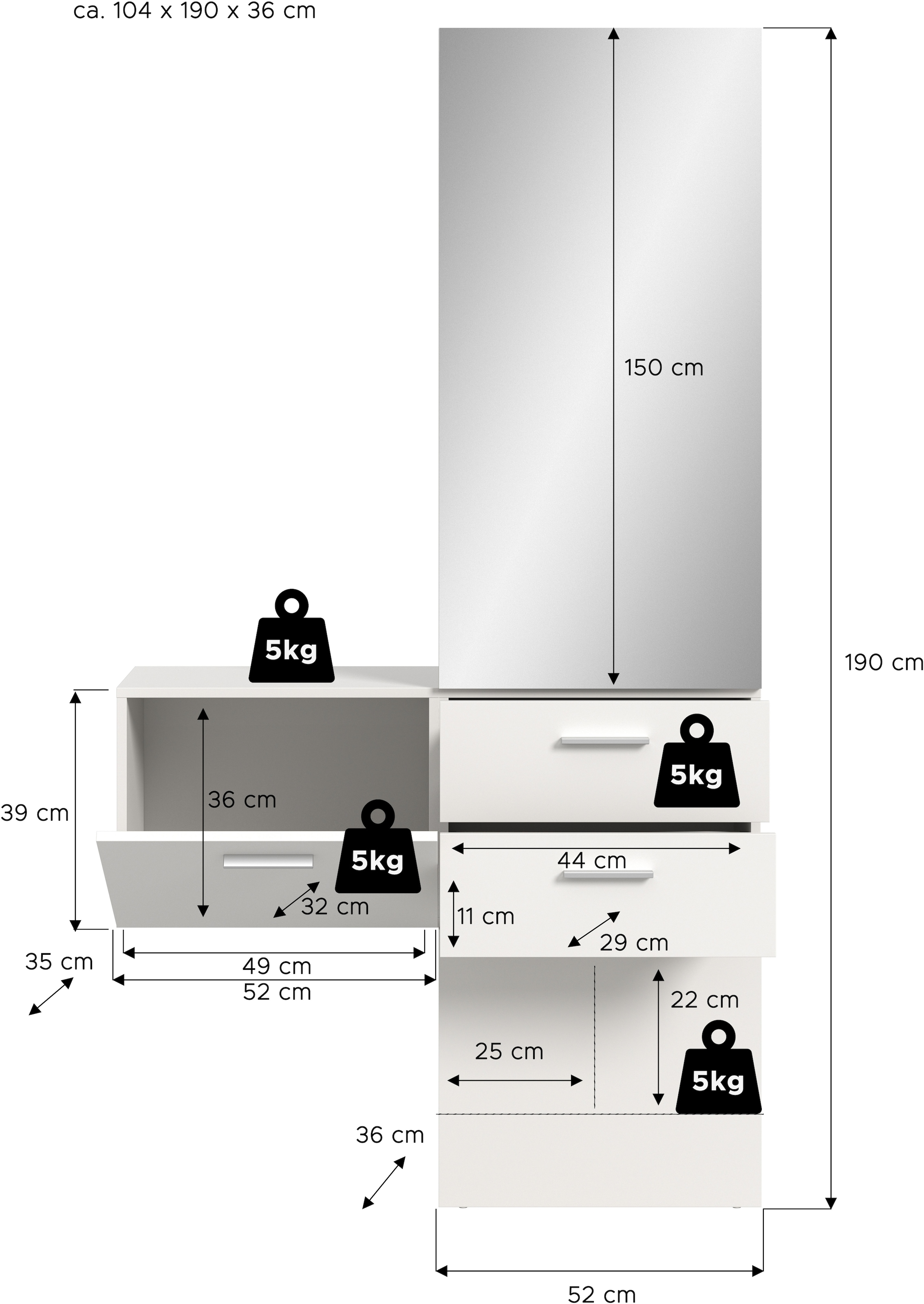 INOSIGN Garderoben-Set, (Set, 2 St.), Lumo, Garderobenset Breite: 104 cm, Spiegel, 2 Schubladen, Flur, Diele