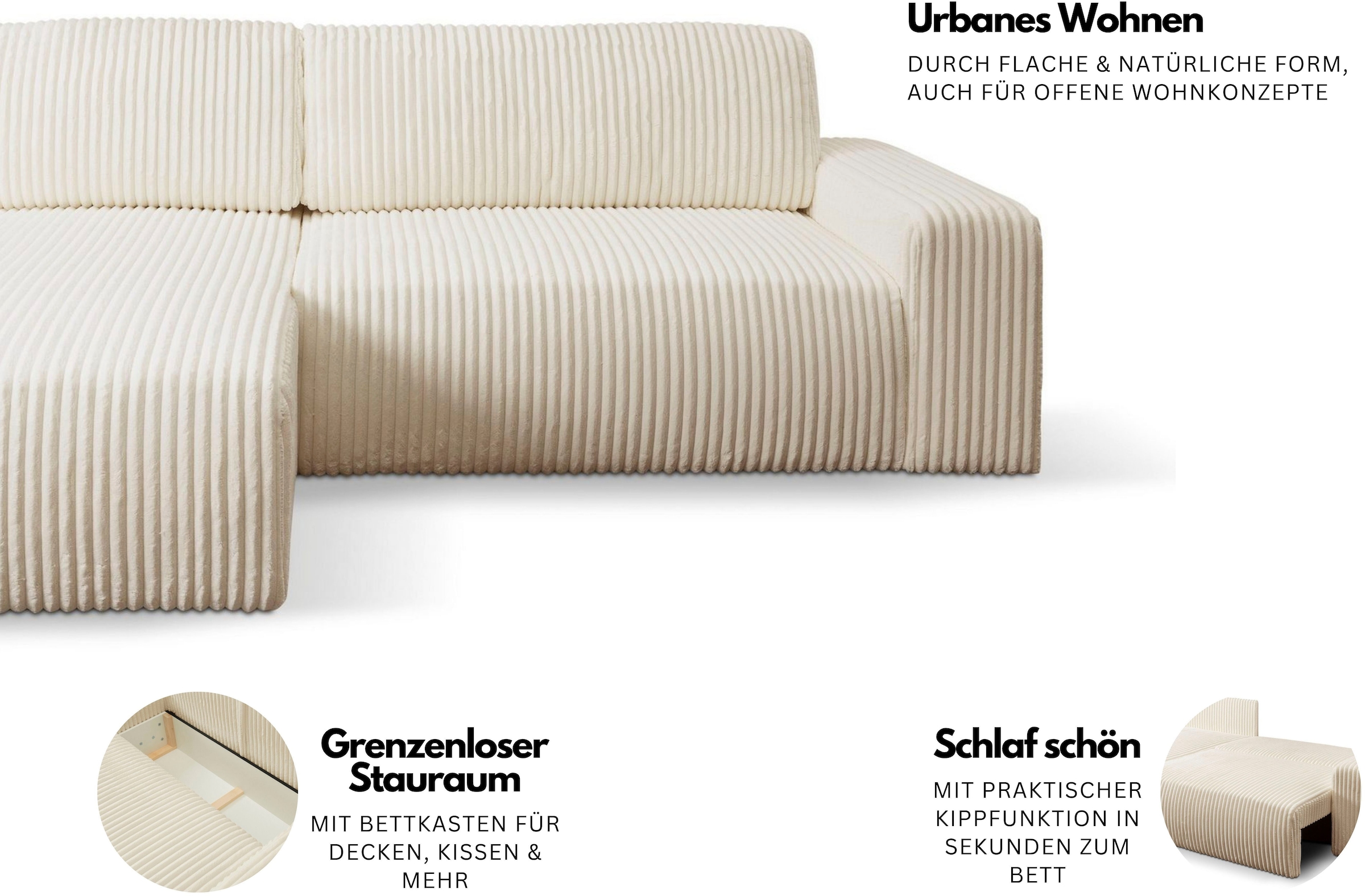 WERK2 Ecksofa »Rotterdam-L mit Bett & Bettkasten, urban Design, bequem, Cord« Cord, L-Form, Schlaffunktion, Bettkasten