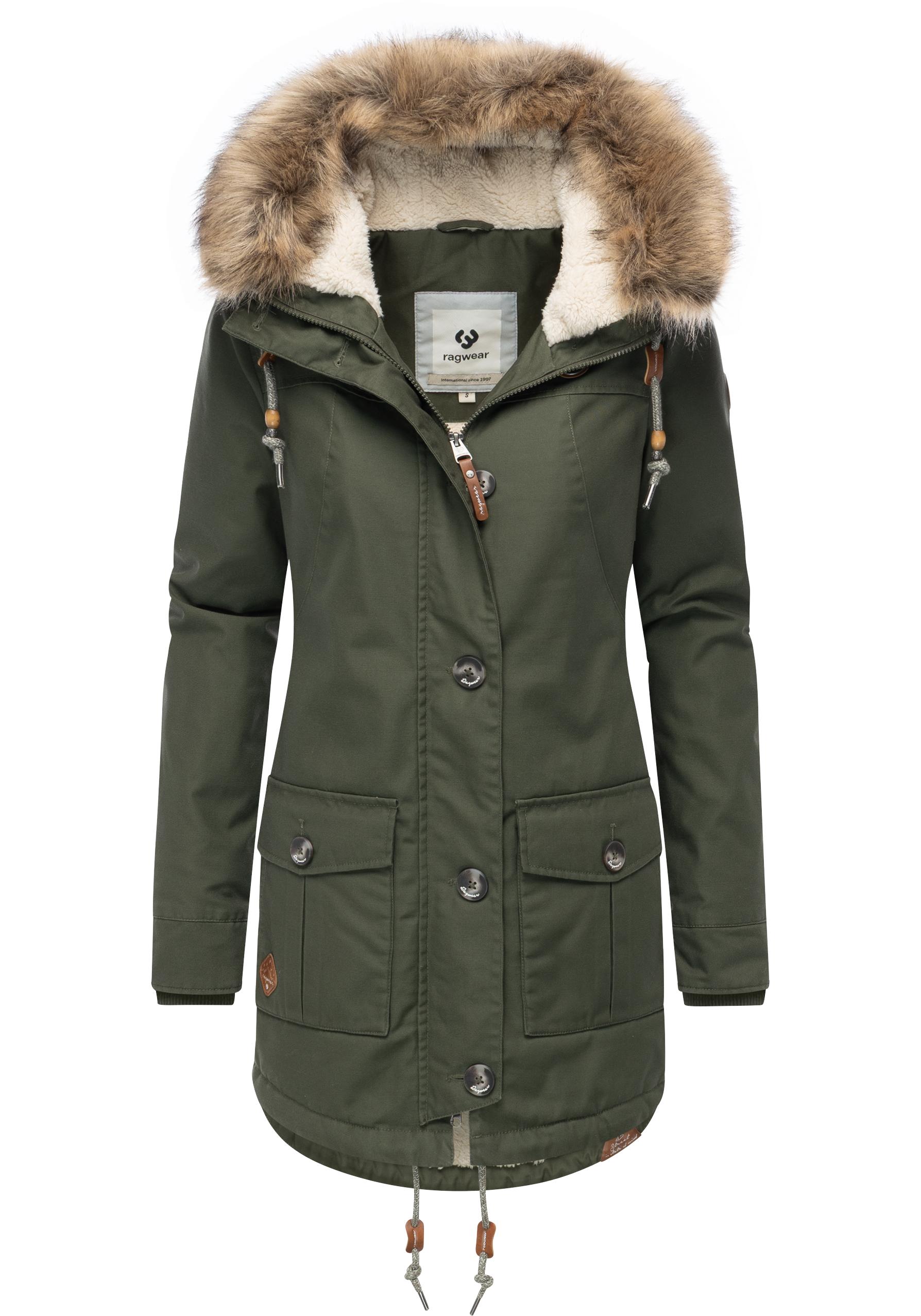 Ragwear Wintermantel "Jane YOUMODO" Winter Kurzmantel mit Kapuze und Kunstfellkragen