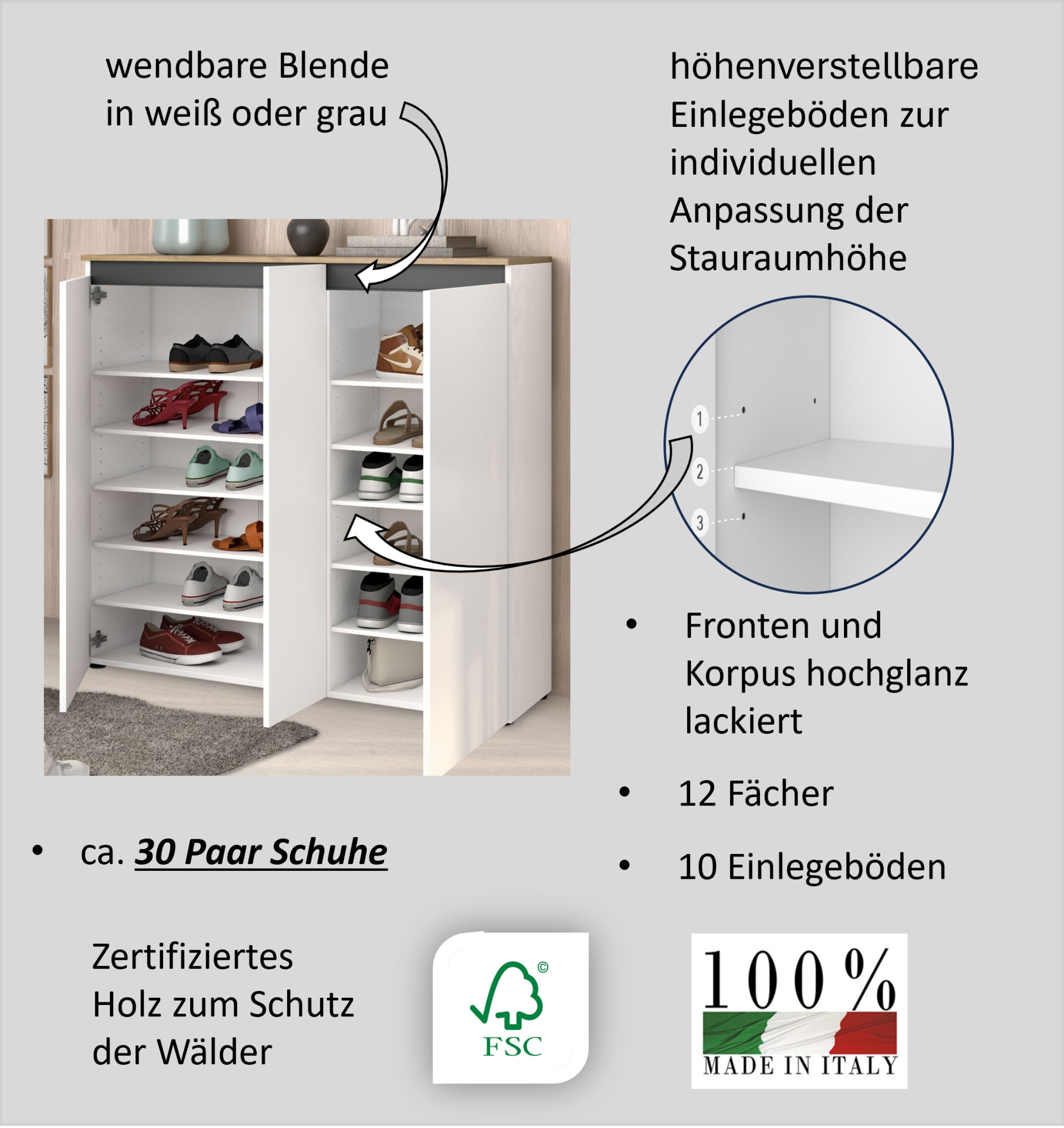 INOSIGN Schuhschrank »Zippo, Schuhkommode,Schuhregal,Made in Italy,stehend«, (1 St.), Front/Korpus hochglanz lackiert B/T: 130x35 cm,6 Fächer,30 paar Schuhe