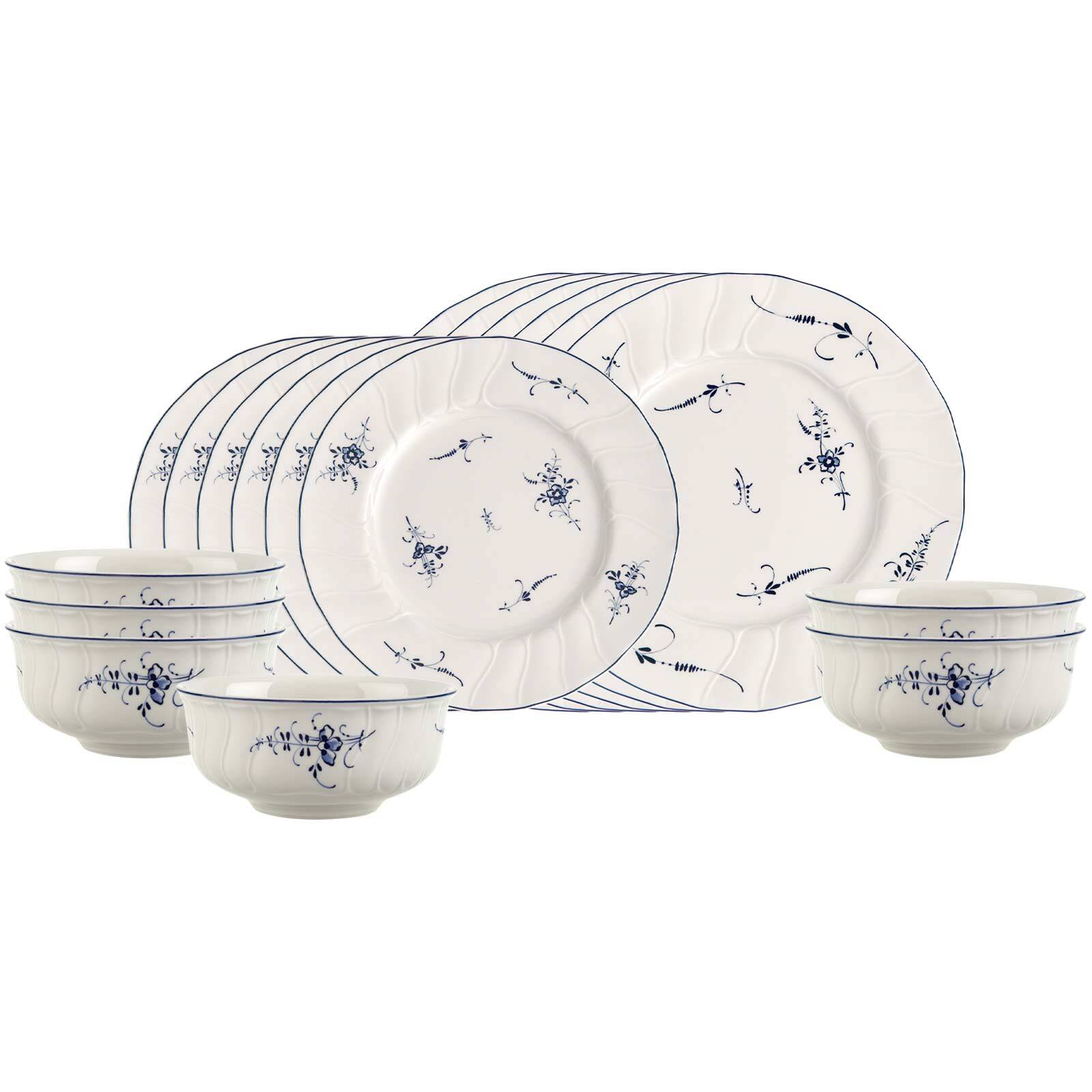 Villeroy & Boch Geschirr-Set "Geschirr-Set Vieux Luxembourg 18er Set weiß-blau" Spülmaschinengeeignet, Mikrowellengeeignet