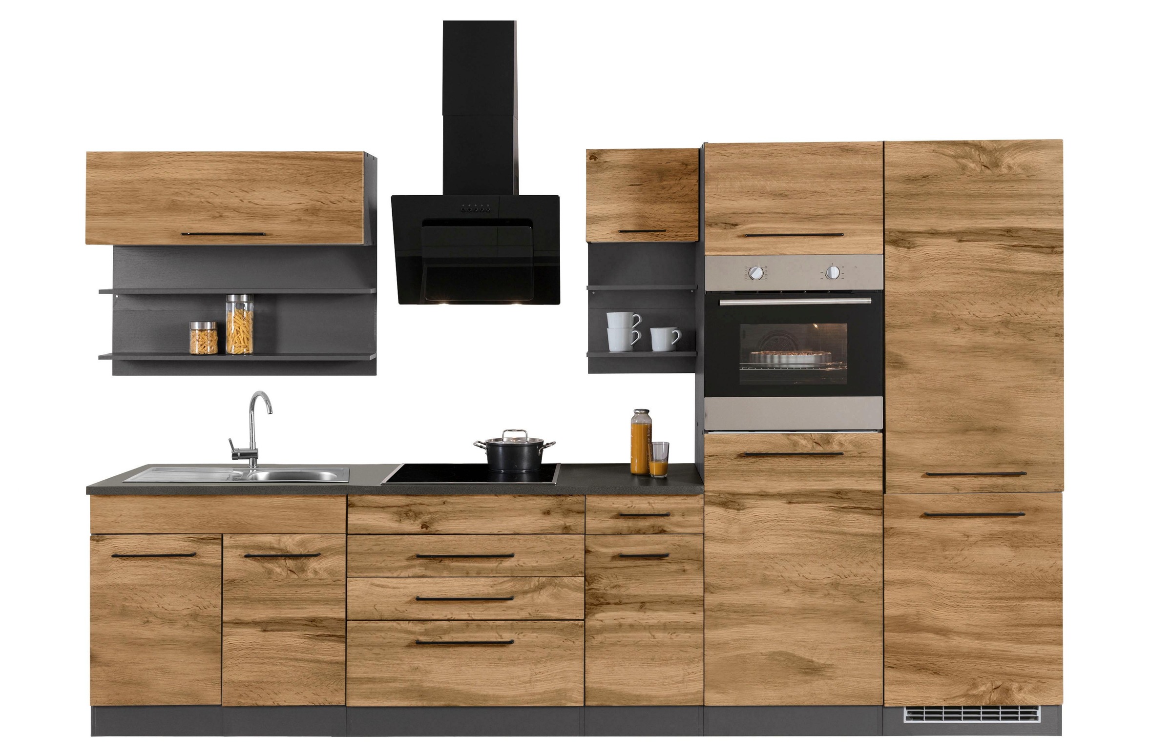 KOCHSTATION Küchenzeile »KS-Tulsa«, ohne E-Geräte, Breite 350 cm, schwarze Metallgriffe, MDF Fronten